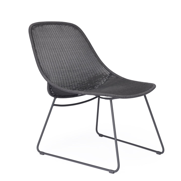 A modern black chair with a woven seat and backrest rests on sleek metal legs, displayed against a plain white background.