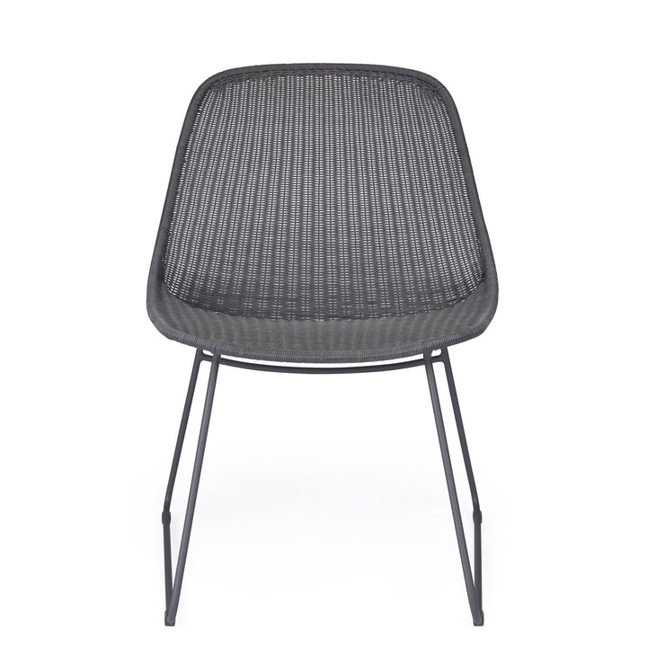 A gray woven chair with a rounded backrest sits on thin metal legs, positioned against a plain white background.