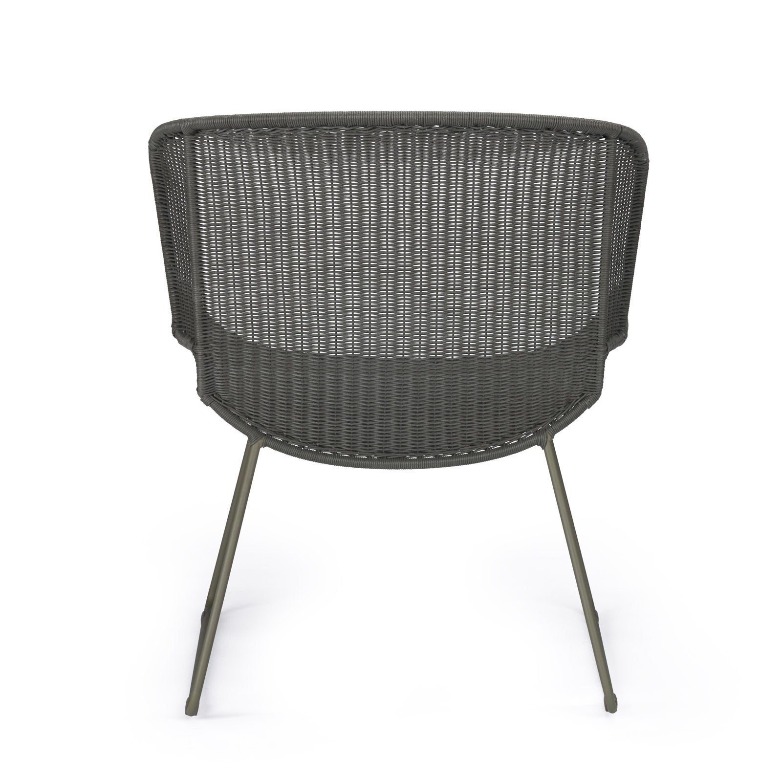 A woven chair with a metal frame stands against a plain white background, showcasing its back and slender legs.