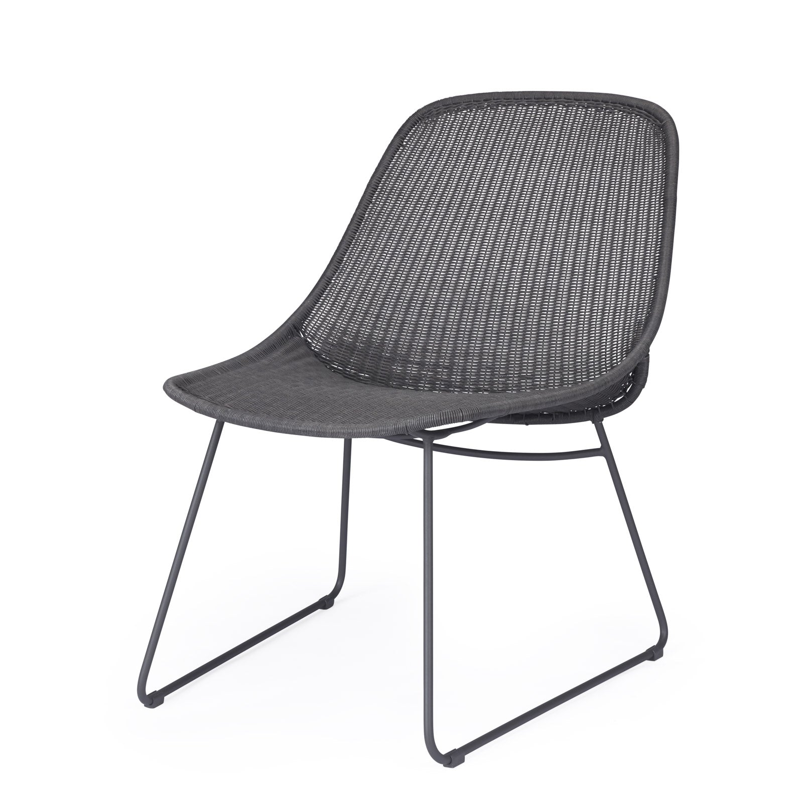 A black, woven chair sits on thin metal legs; its minimalist design rests against a plain white background.