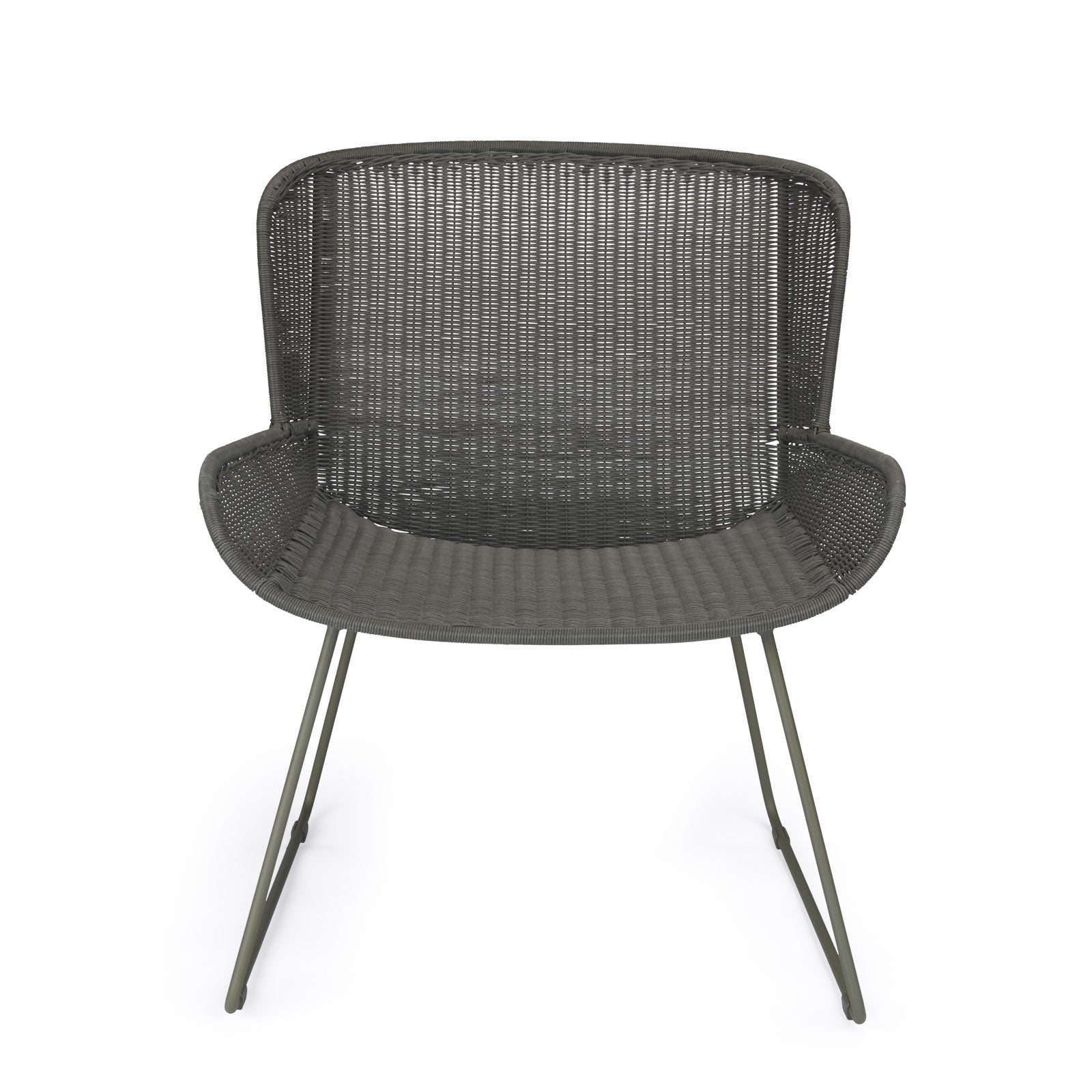 A wicker chair with a curved backrest and seat on thin metal legs, placed on a plain white background, suggesting a modern, minimalist design.