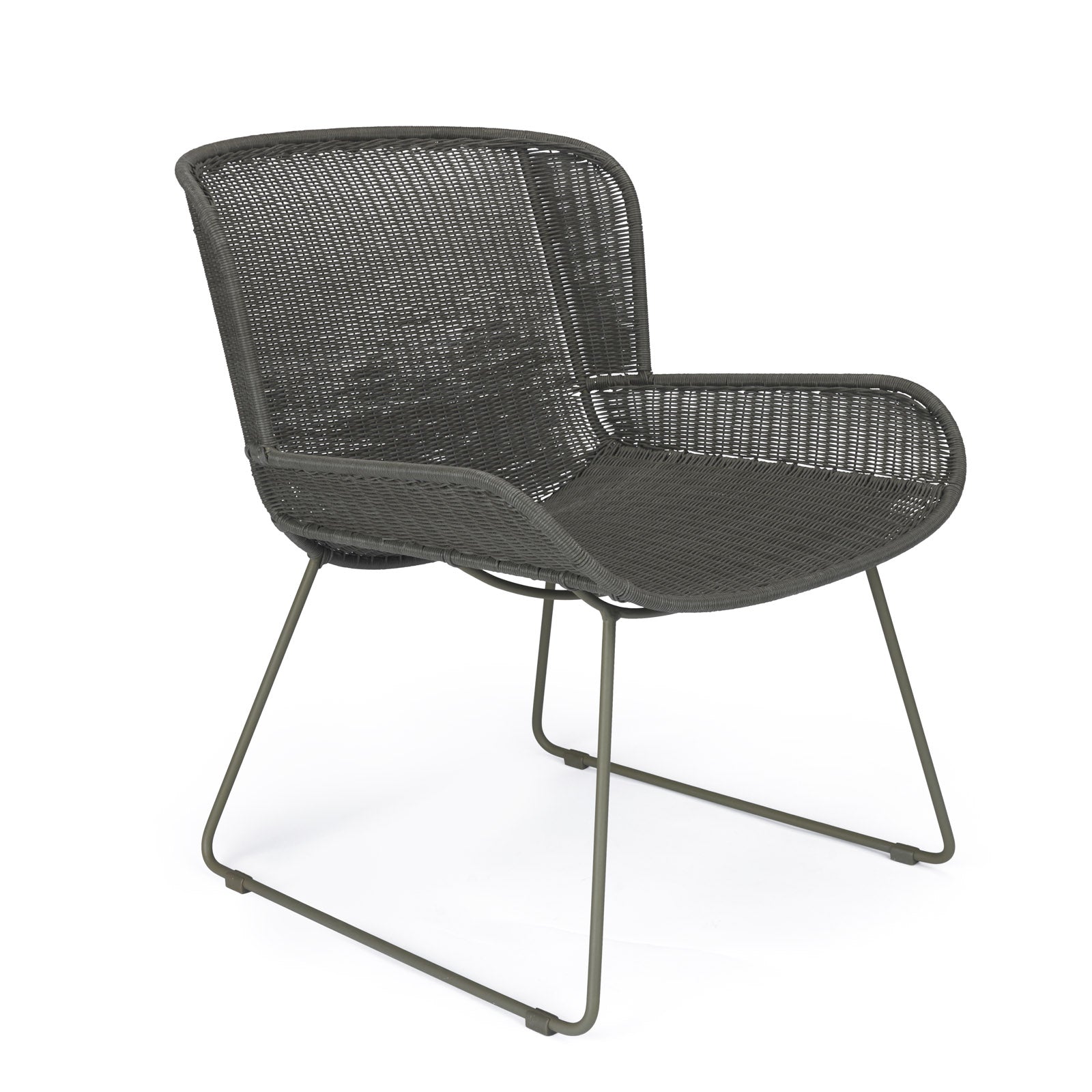 A modern chair with a mesh, woven design sits on thin metal legs. It is positioned in a simple studio setting with a white background.