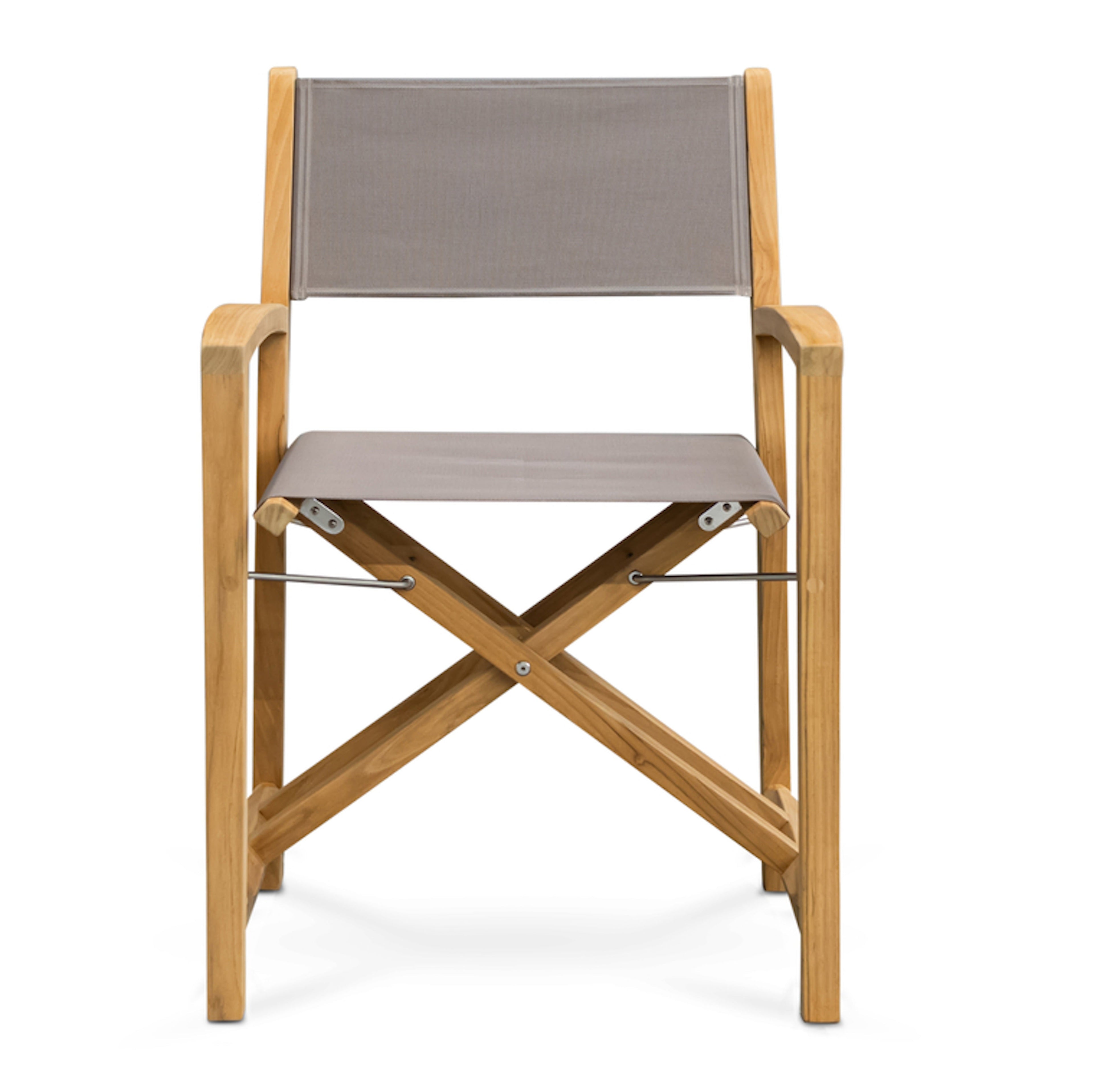 A folding director's chair features tan fabric for the seat and backrest, with a wooden frame forming an X-shape for support. It's set against a plain white background.