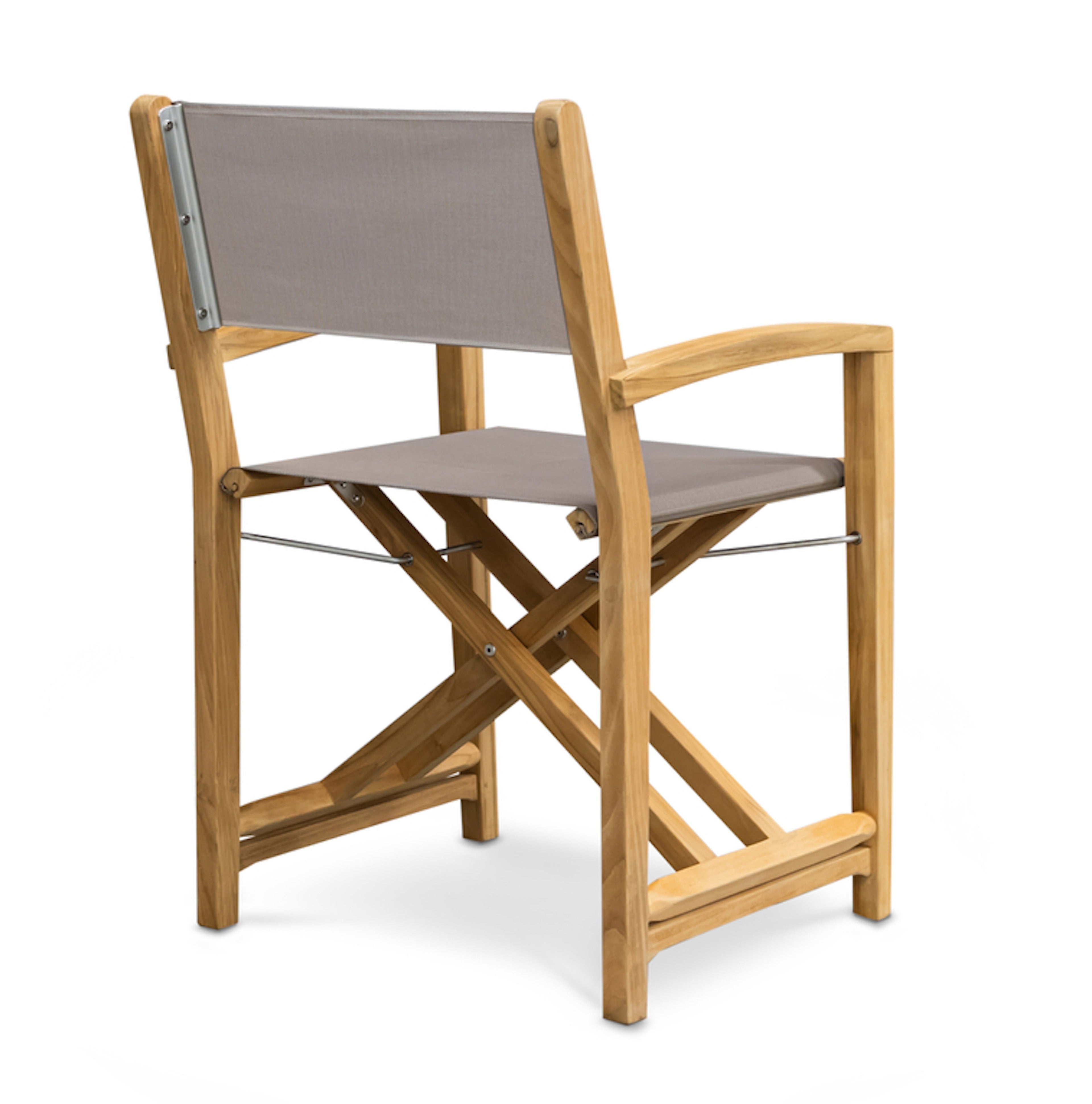 A wooden director's chair with beige fabric seat and backrest is set against a plain white background, showcasing its crossed leg design and metal hinges.