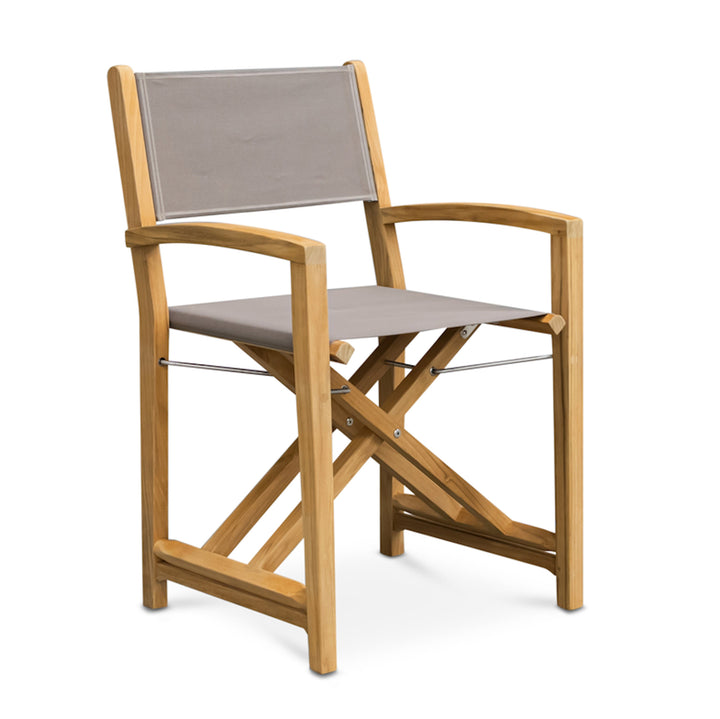 A wooden director's chair stands on a white background, featuring light brown wooden frame and gray fabric for the seat and backrest.