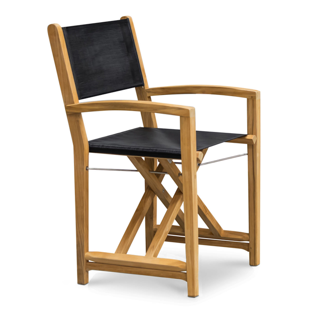 Wooden director's chair with black fabric seat and backrest, featuring cross-braced legs and armrests, standing on a smooth, white surface.