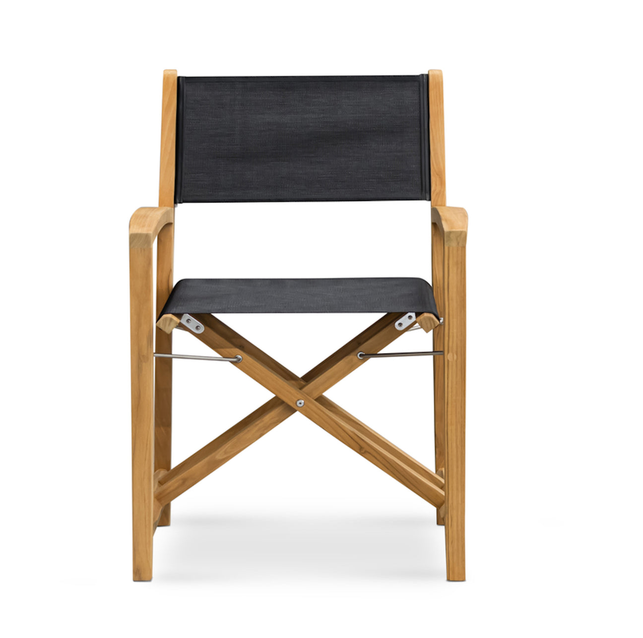 A wooden folding chair with black fabric seat and backrest, featuring metal hinges and an X-shaped support frame, set against a plain white background.