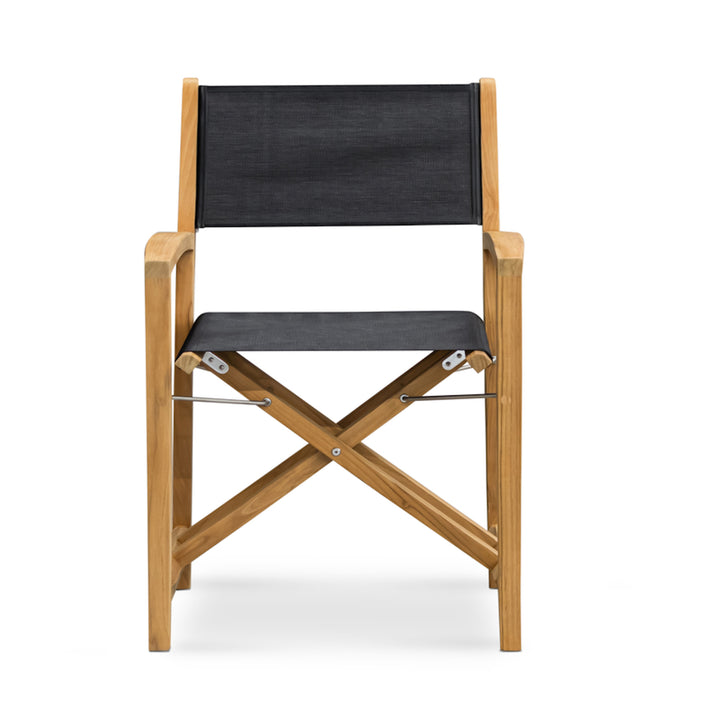 A director-style chair features a wooden frame and black fabric seat and backrest. It stands against a plain white background, highlighting its minimalist design and cross-braced structure.