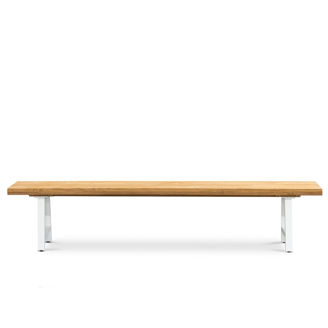 A wooden bench with a simple, flat surface rests on two sleek, white metal legs against a plain white background.