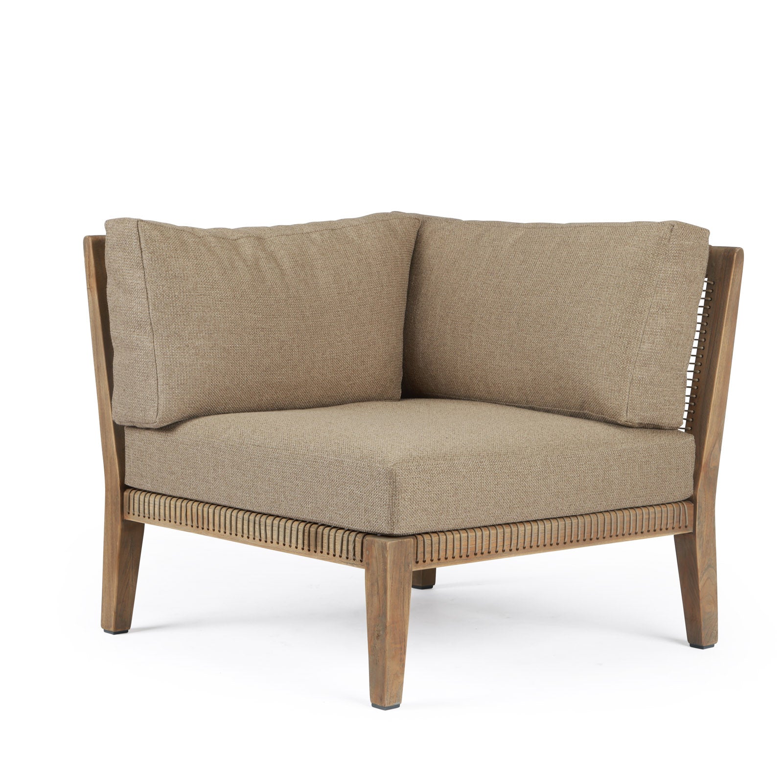 A corner chair, featuring cushioned seating and back, rests on wooden legs with a woven rope detail, set against a plain white background.