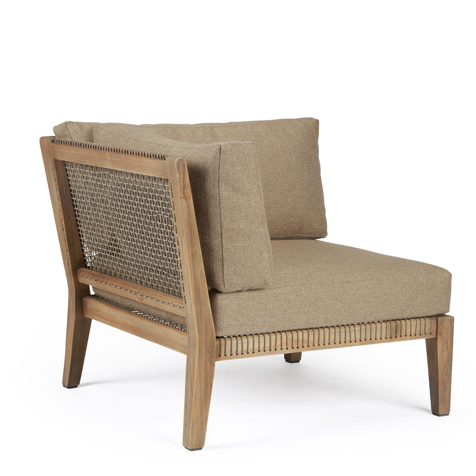 A beige cushioned chair with a wooden frame and woven backrest is positioned in a neutral, white space. The design combines a modern aesthetic with a classic touch.