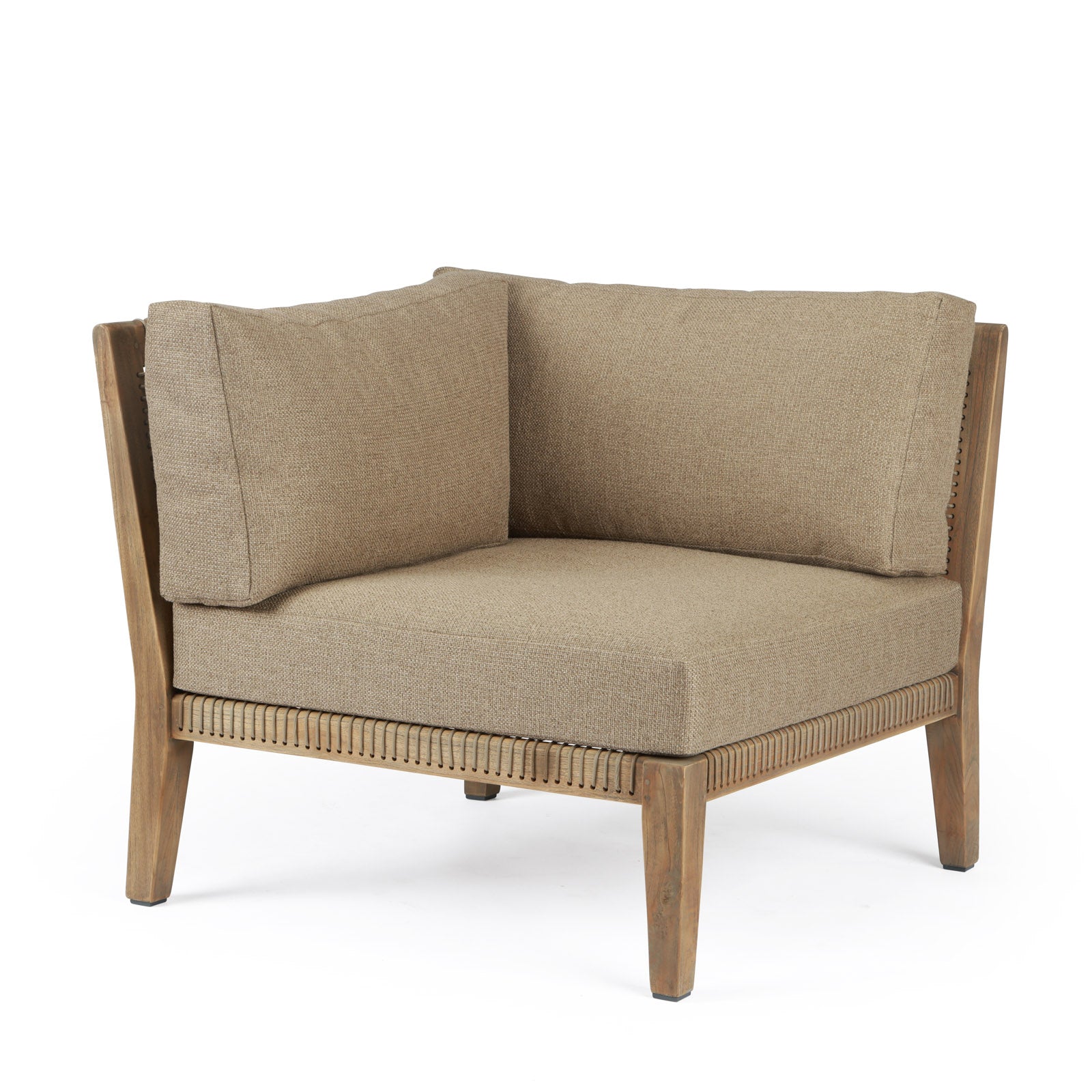 Beige corner chair with wooden frame featuring a woven design, situated on a plain white background.