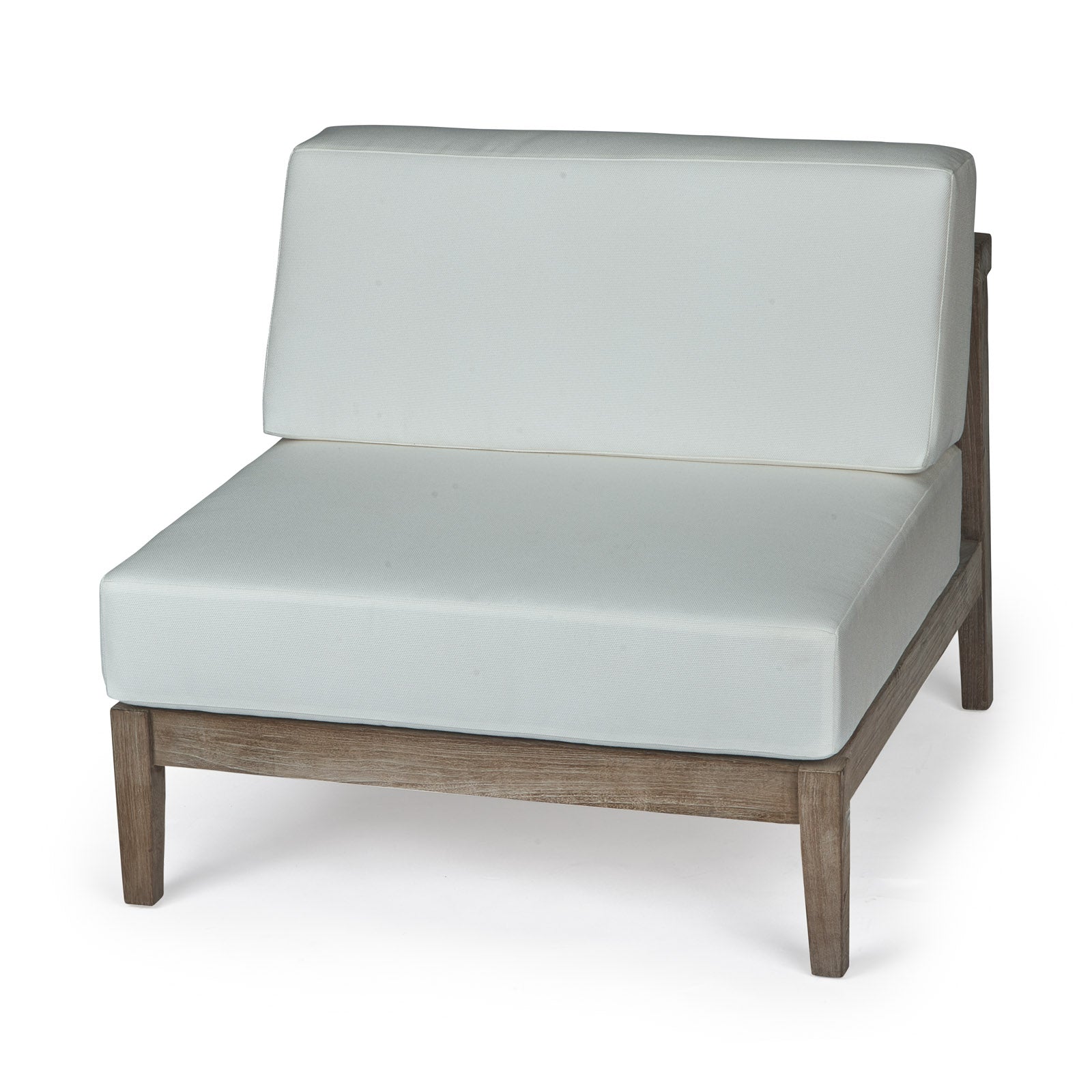 A cushioned chair with light gray upholstery sits on a wooden frame, featuring a simple, modern design. The background is plain white, emphasizing the chair's structure.