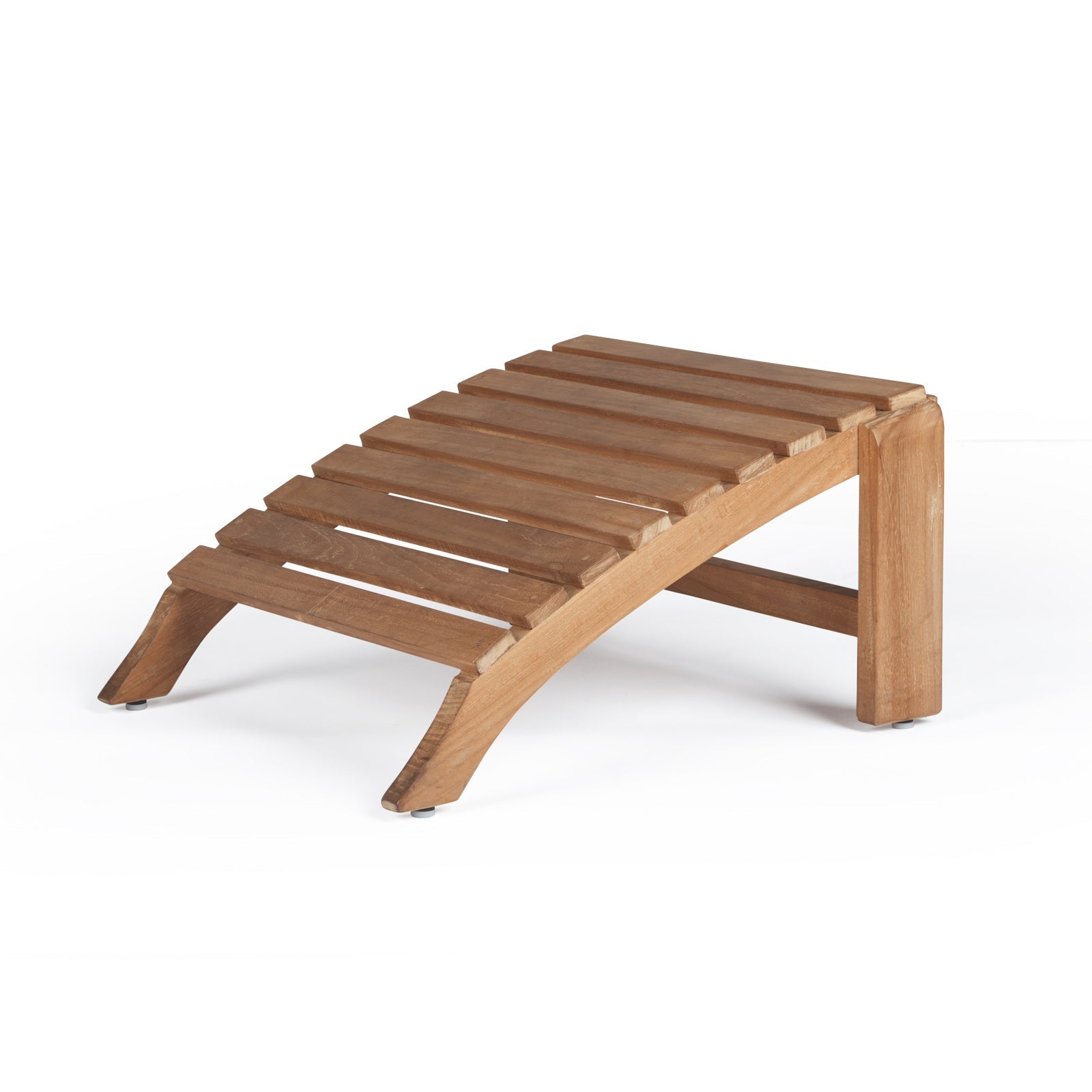 Wooden bench with a curved, slatted design rests on a flat surface, showcasing sturdy construction. The setting is minimal, with a plain white background highlighting the bench's natural finish.