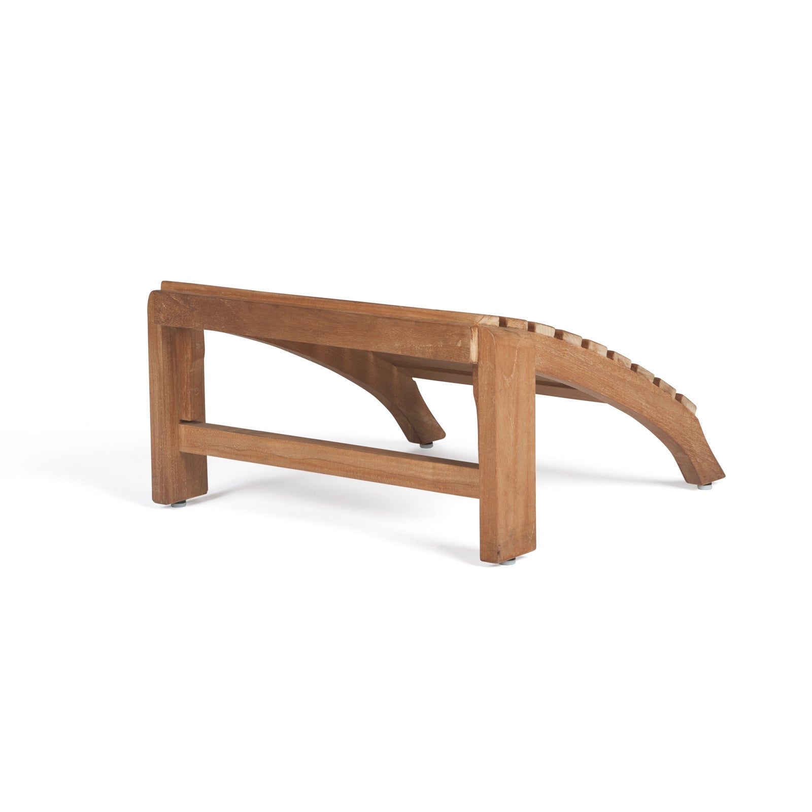 Wooden footrest with curved slats rests on four solid legs, designed to support a reclining chair in a minimalist, indoor setting. No additional objects or text are present.