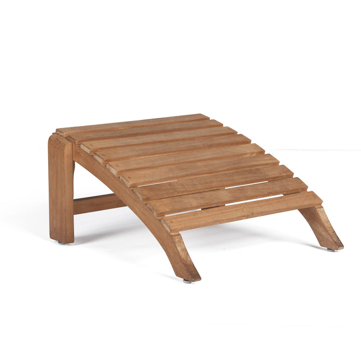 A wooden footrest with slatted design and curved legs, positioned on a plain white background.