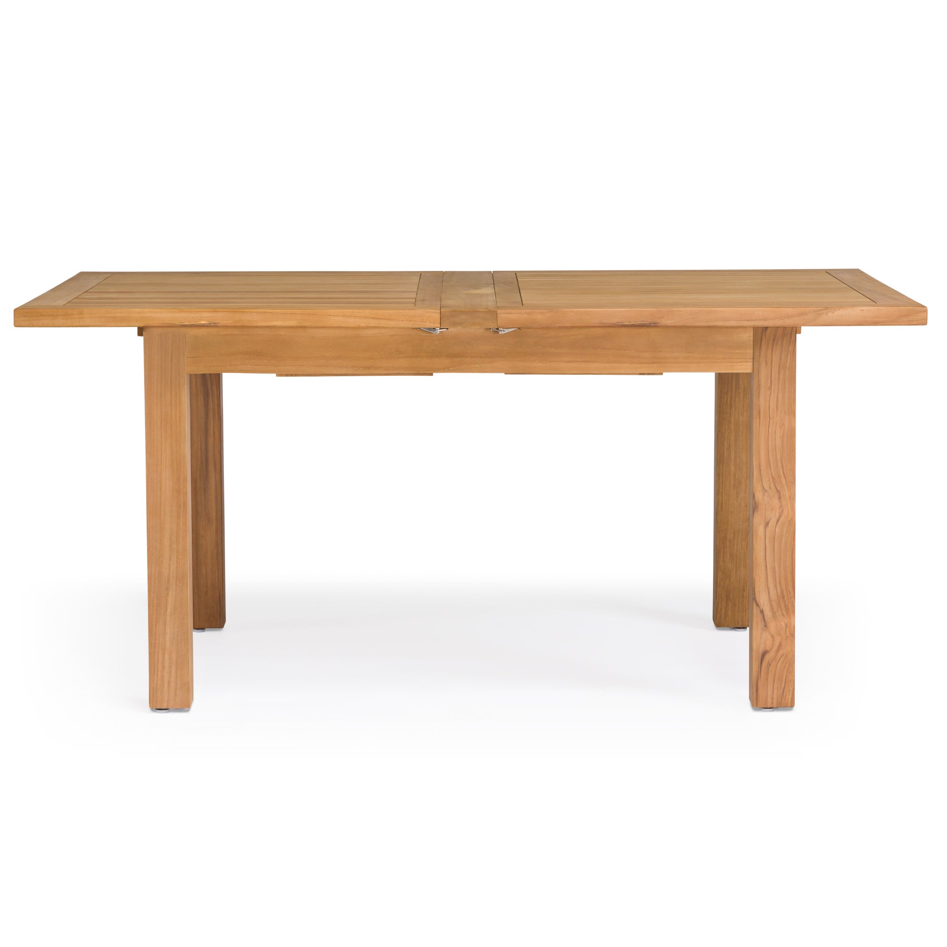 Wooden rectangular table with four sturdy legs, featuring a central extension mechanism, set against a plain white background.