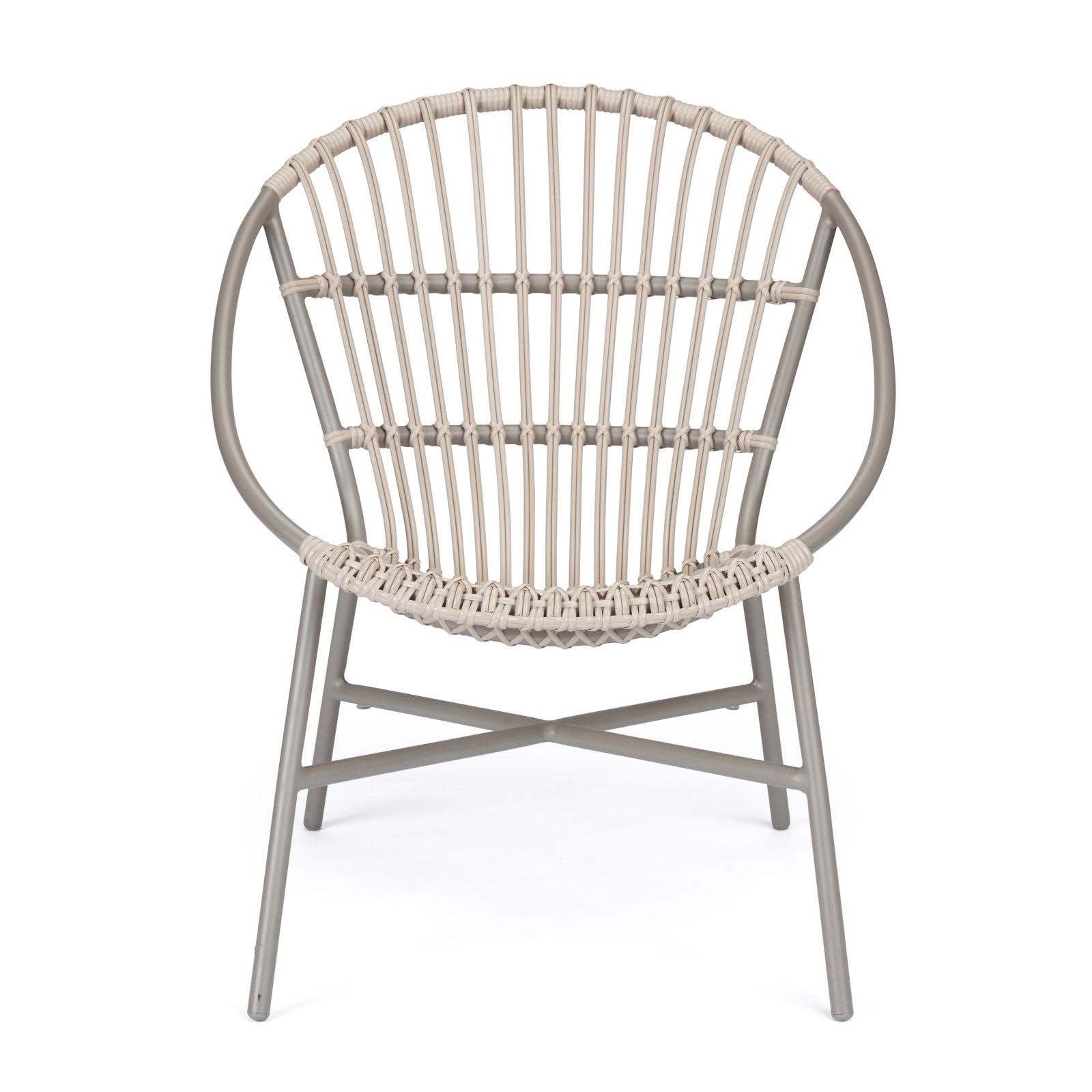 Chair stands with woven rattan backrest and seat on metal frame, placed against a plain white background.