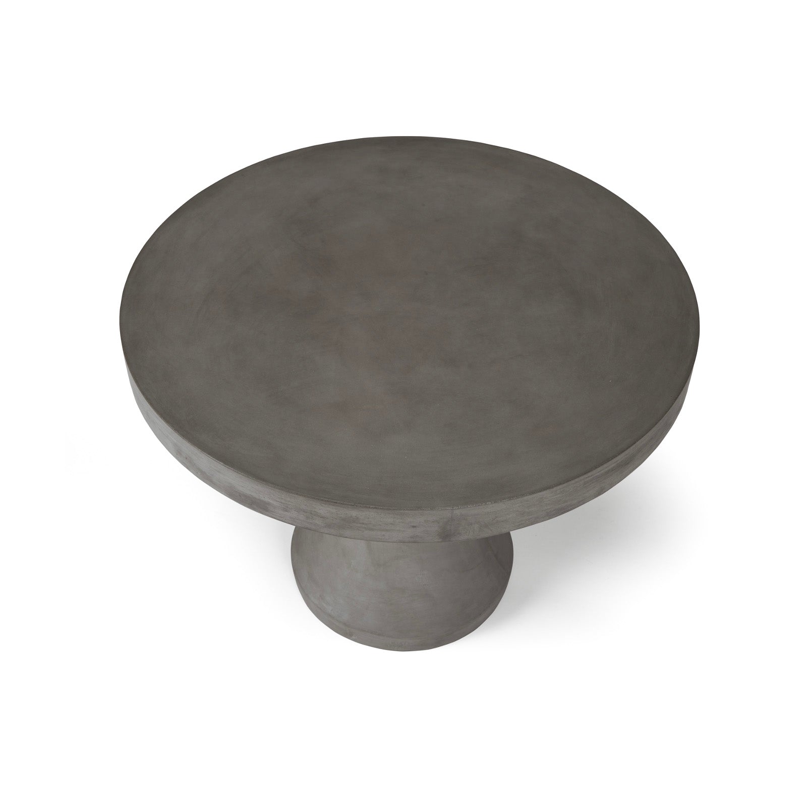 Round concrete table stands stationary, featuring a thick top and sturdy cylindrical base, set against a plain white background.