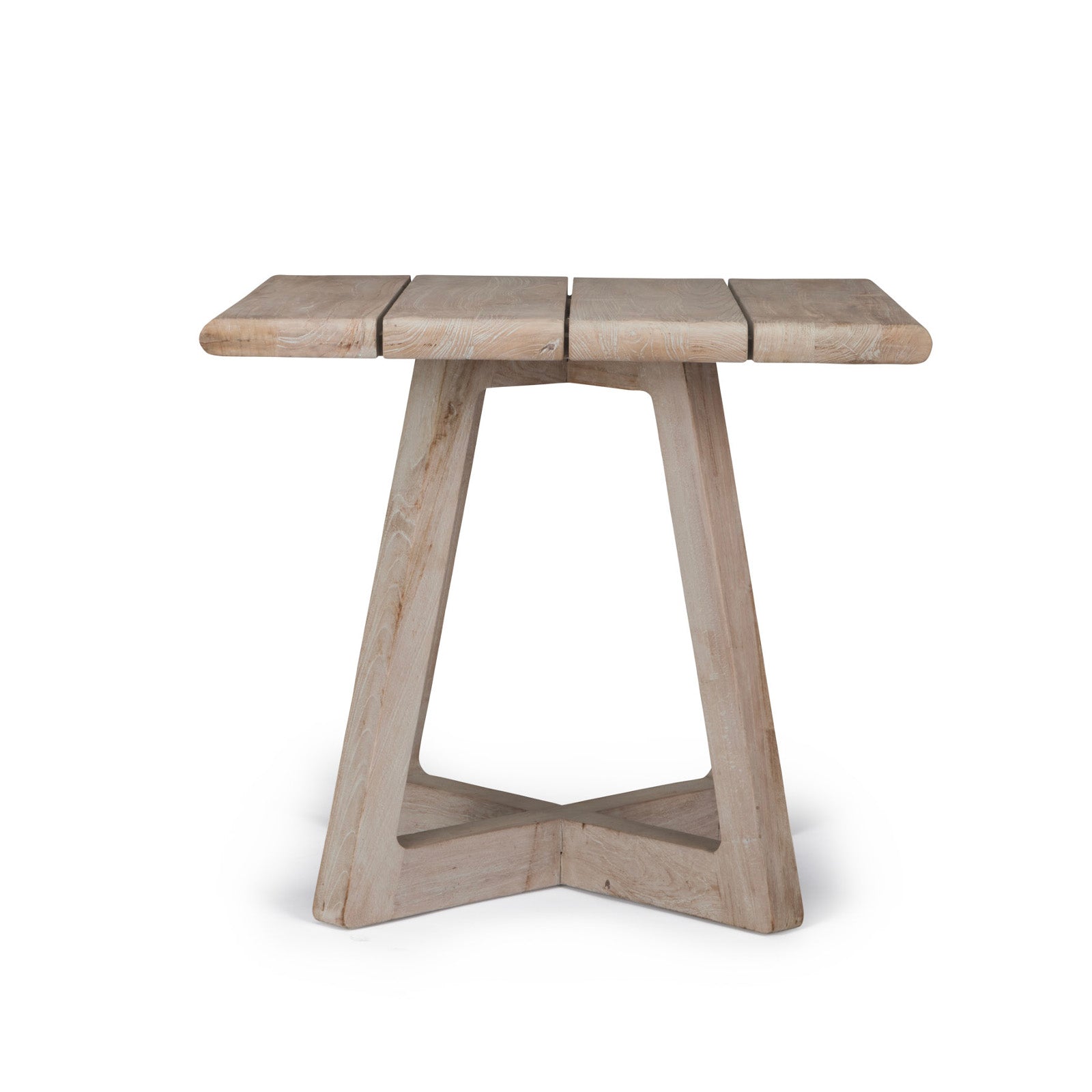 A wooden table with a rectangular top and unique A-frame legs stands prominently against a plain white background. The table features a light, natural finish.