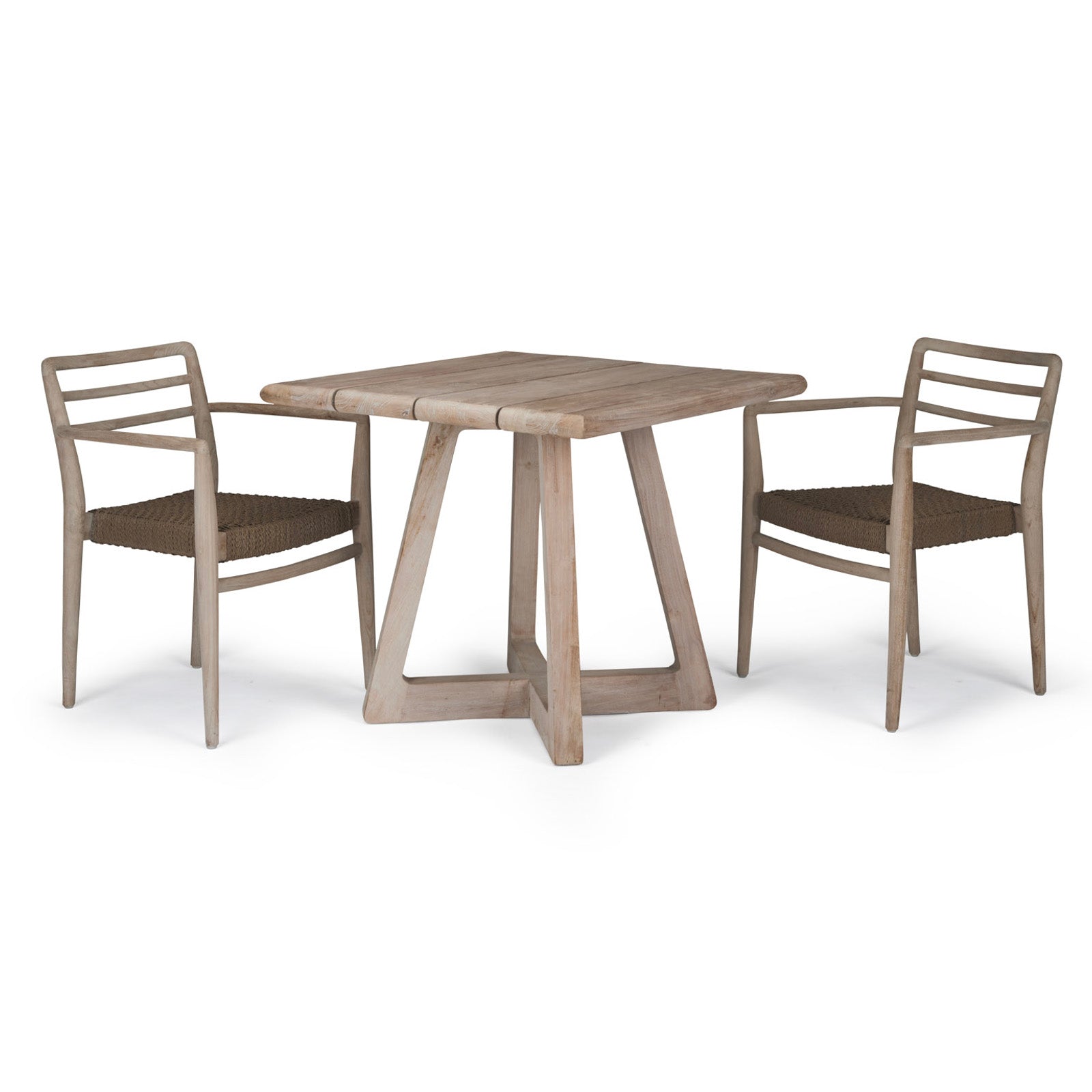 A wooden dining set features a rectangular table with an angled base and two matching chairs with woven seats, positioned symmetrically on a plain white background.