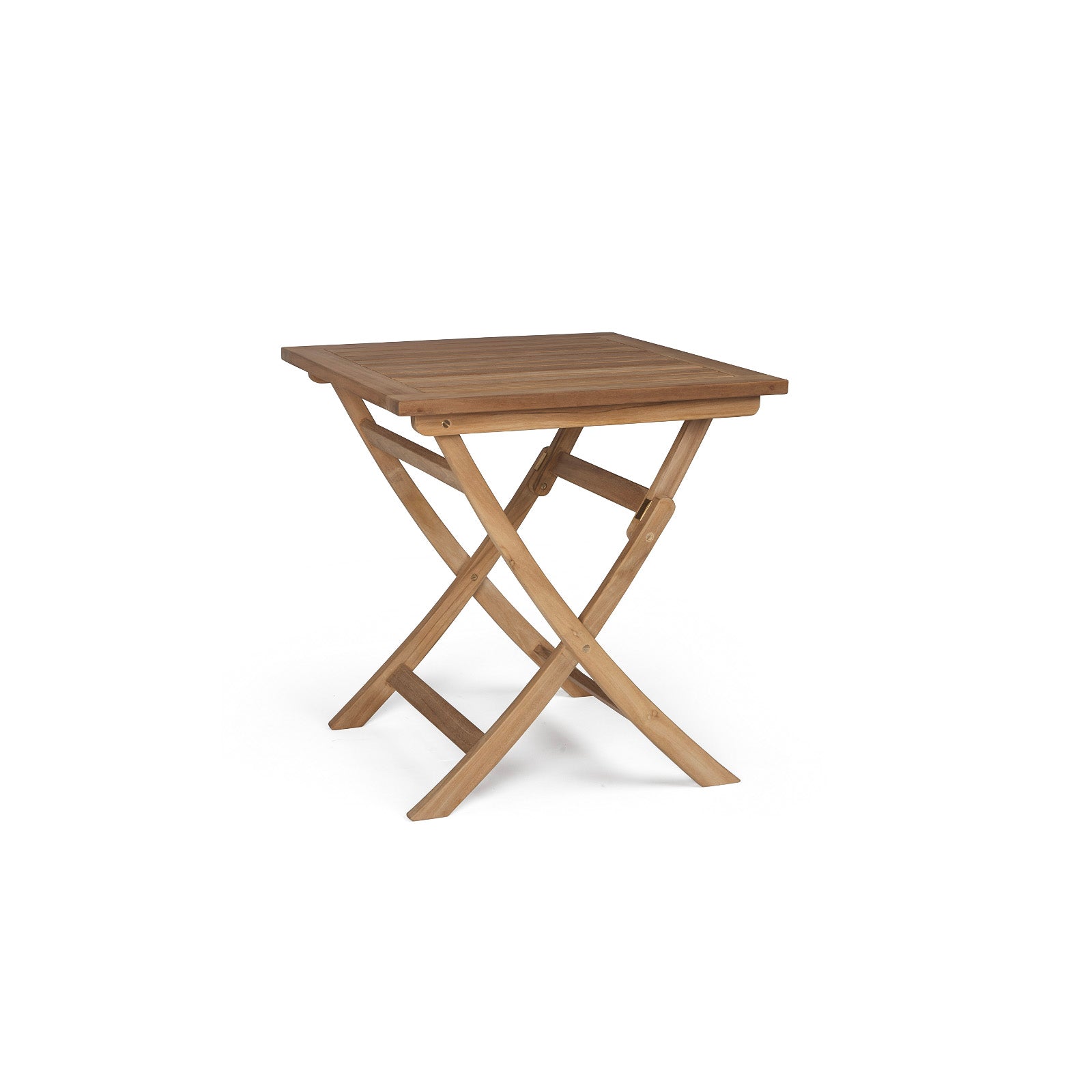 A wooden folding table stands with crossed legs, and a square top, set against a plain white background.