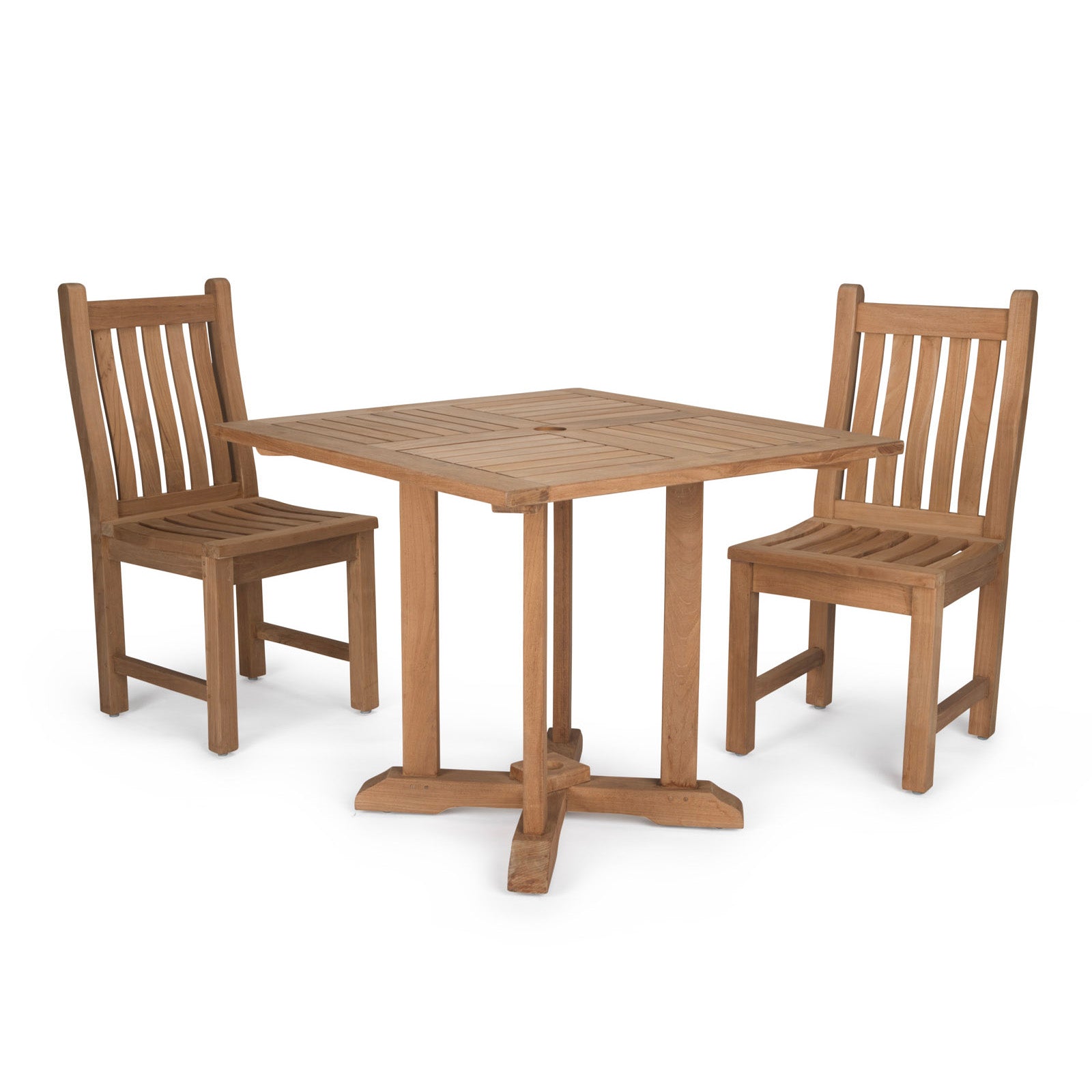 A wooden square table with a slatted design is flanked by two matching chairs, featuring vertical slats and situated in a plain, well-lit environment.