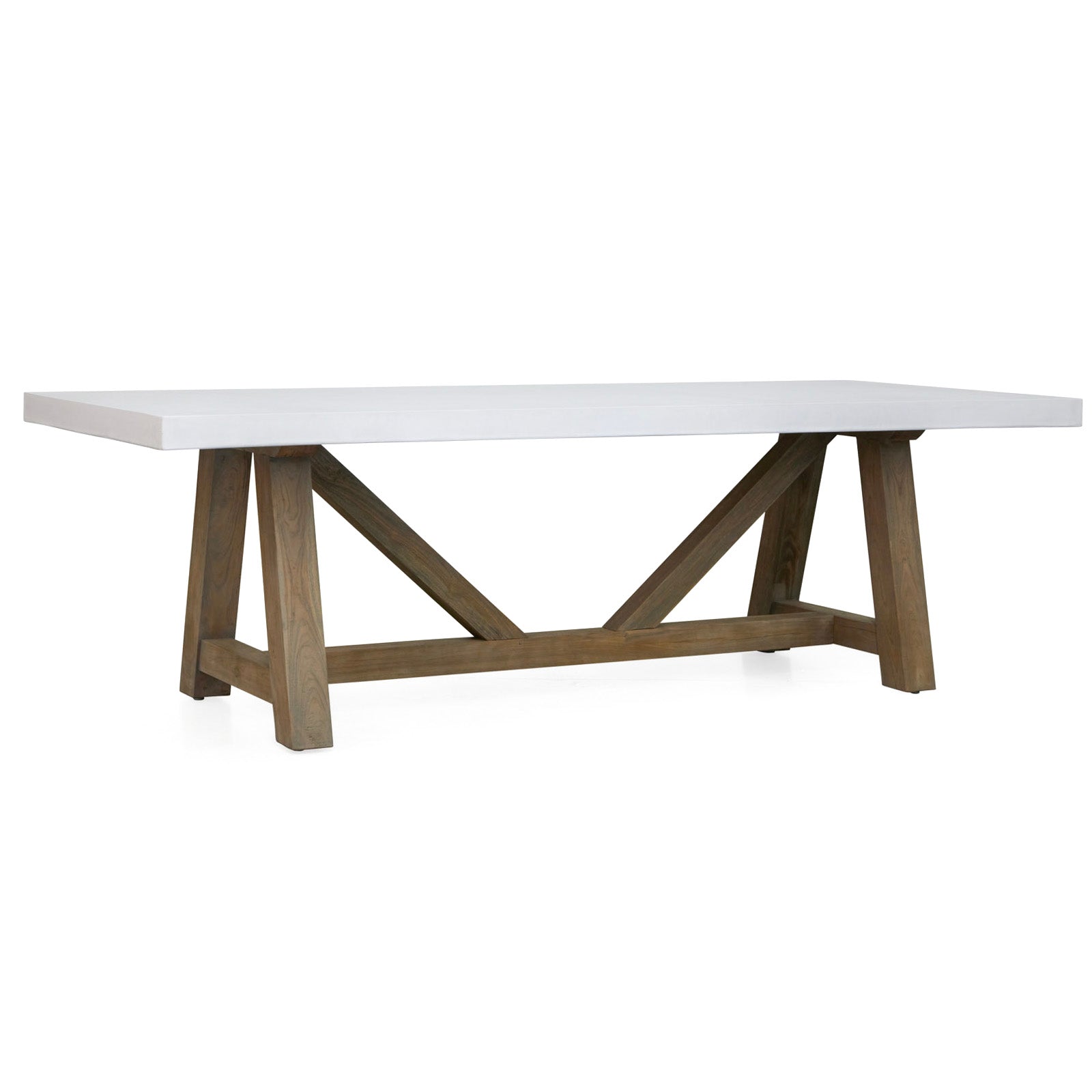 A rectangular table features a smooth white top supported by a sturdy wooden trestle base with angled supports, set against a plain white background.