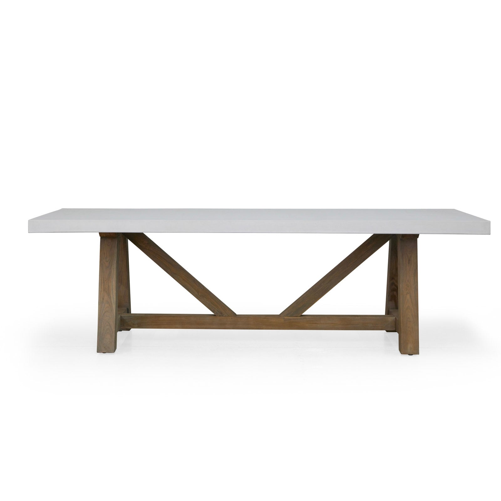 Rectangular table with a smooth gray top, supported by a sturdy wooden trestle base with cross-bracing, set against a white background.