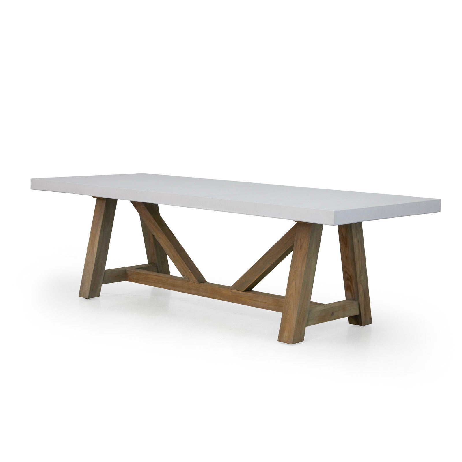 A rectangular table with a white, flat top is supported by a wooden trestle base, featuring angular supports. It stands alone on a white background.