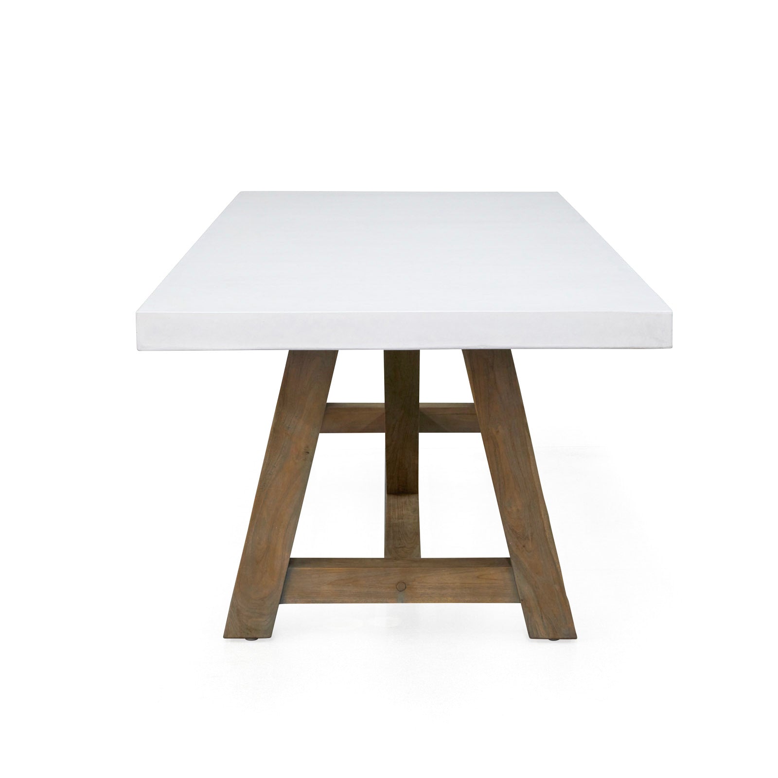 A rectangular table with a white top rests on wooden A-frame legs, set against a plain white background.