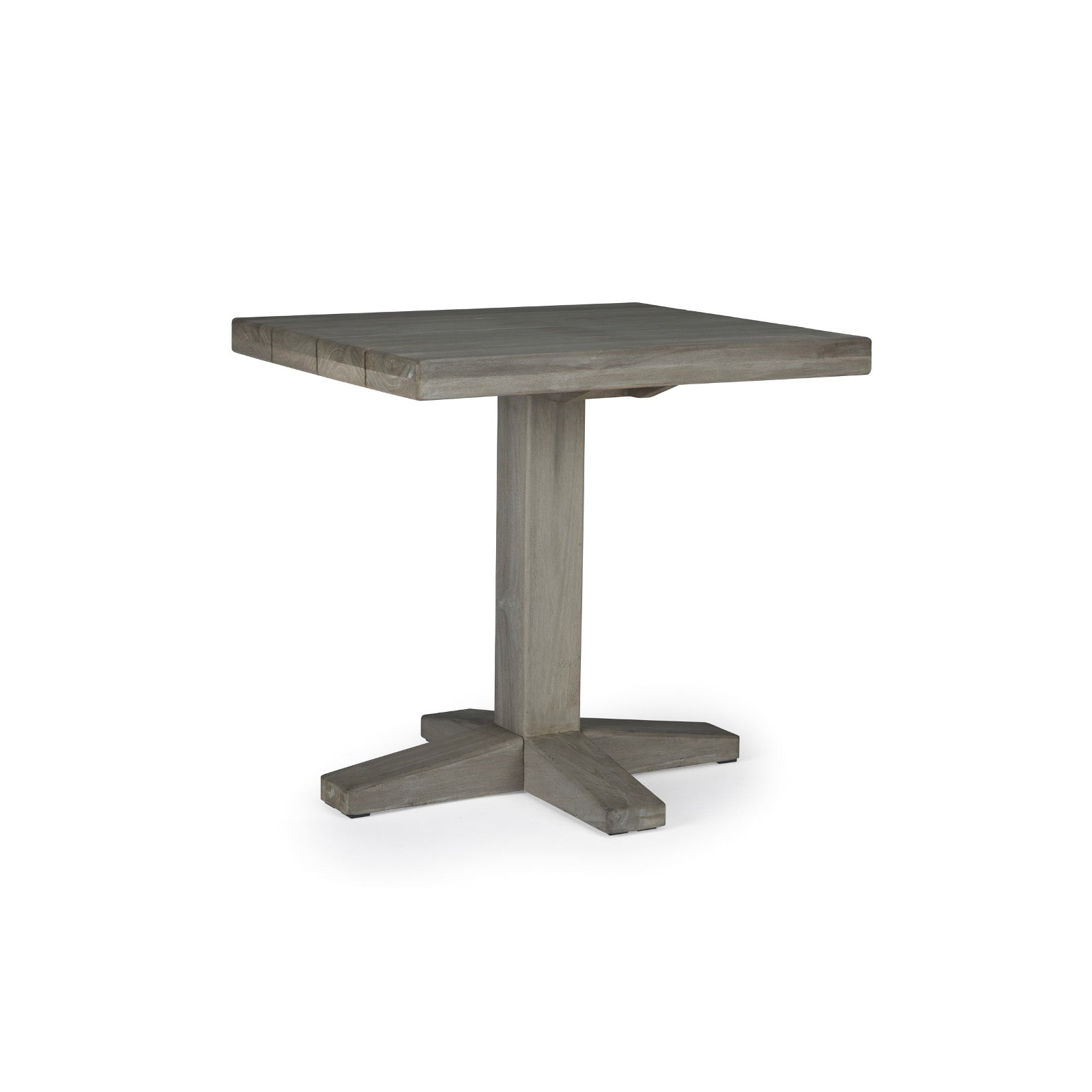 A square wooden table with a central pedestal base stands on a white background. The table has a simple, rustic finish with a cross-shaped support at the bottom.