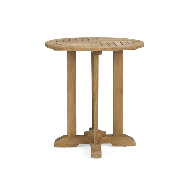 A round wooden table stands on four legs with a cross-shaped base, set against a plain white background, emphasizing its simple, sturdy design.