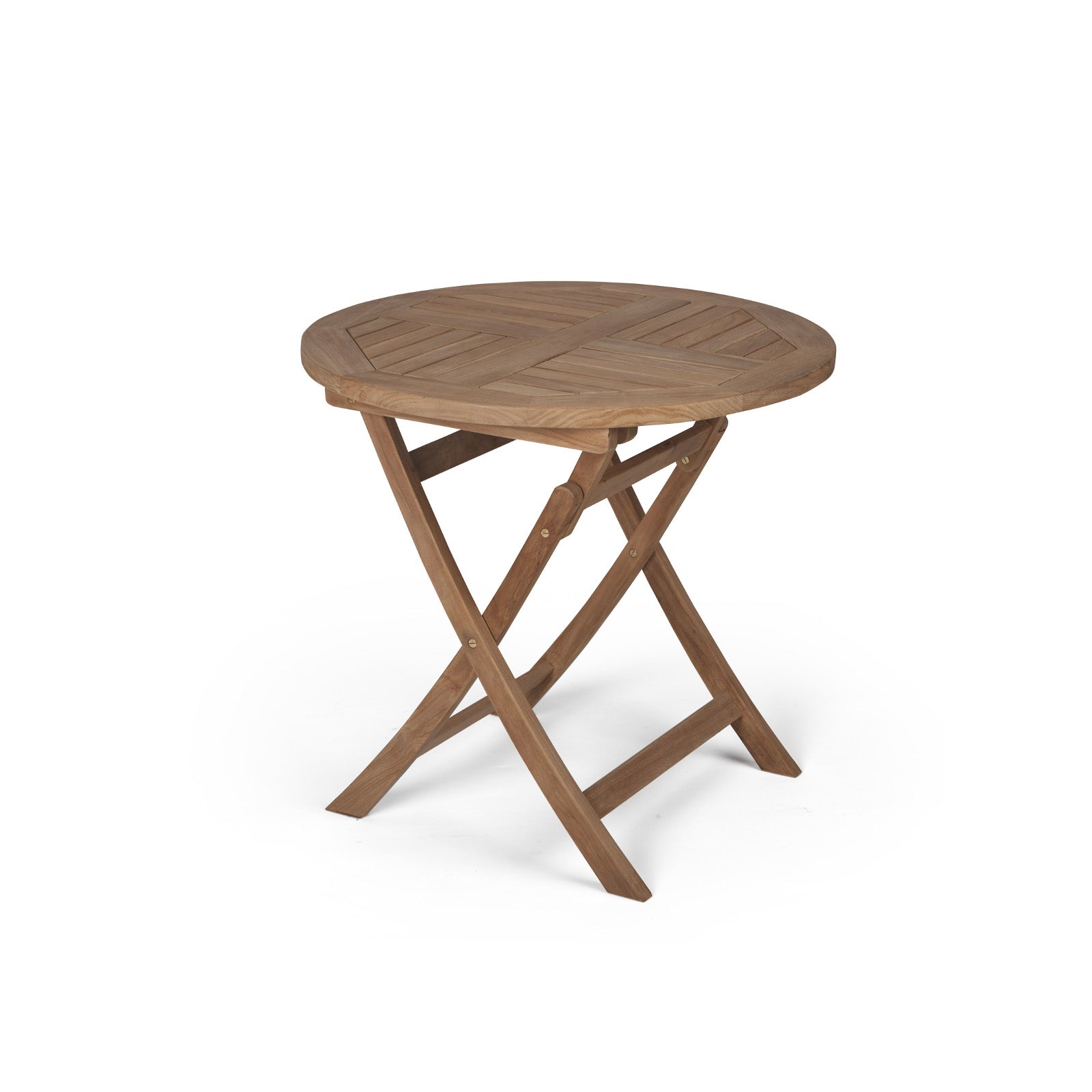 A round wooden table with a folding design stands on crossed legs in a minimalist, white background.