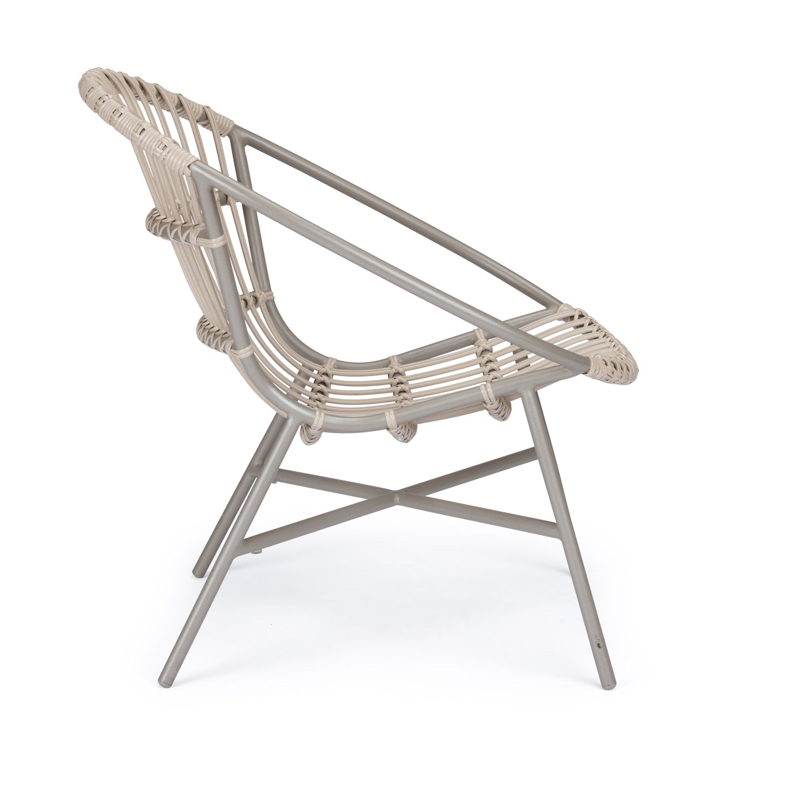 A beige, woven rattan chair with a curved backrest and metal frame stands on a white background, showcasing a modern, airy design.