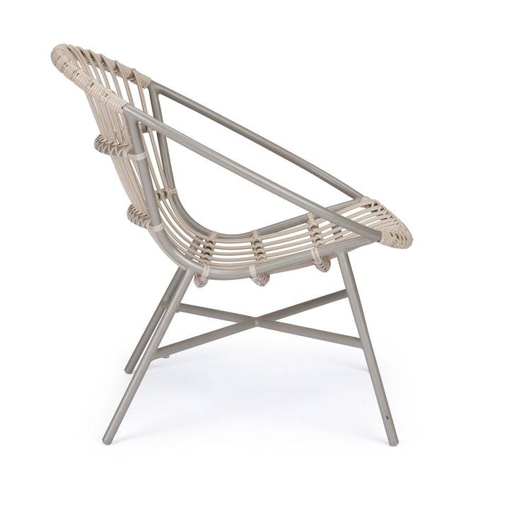 A beige, woven rattan chair with a curved backrest and metal frame stands on a white background, showcasing a modern, airy design.