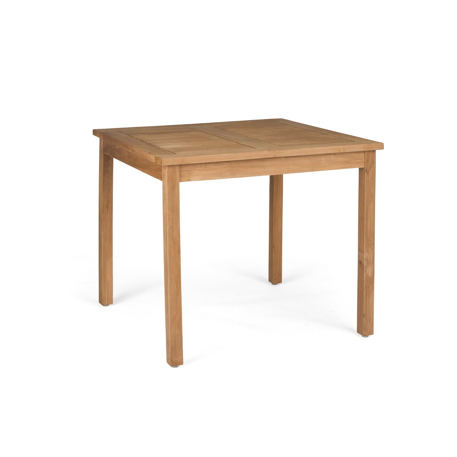 A wooden square table stands on four legs, placed in a minimalistic setting with a plain white background.