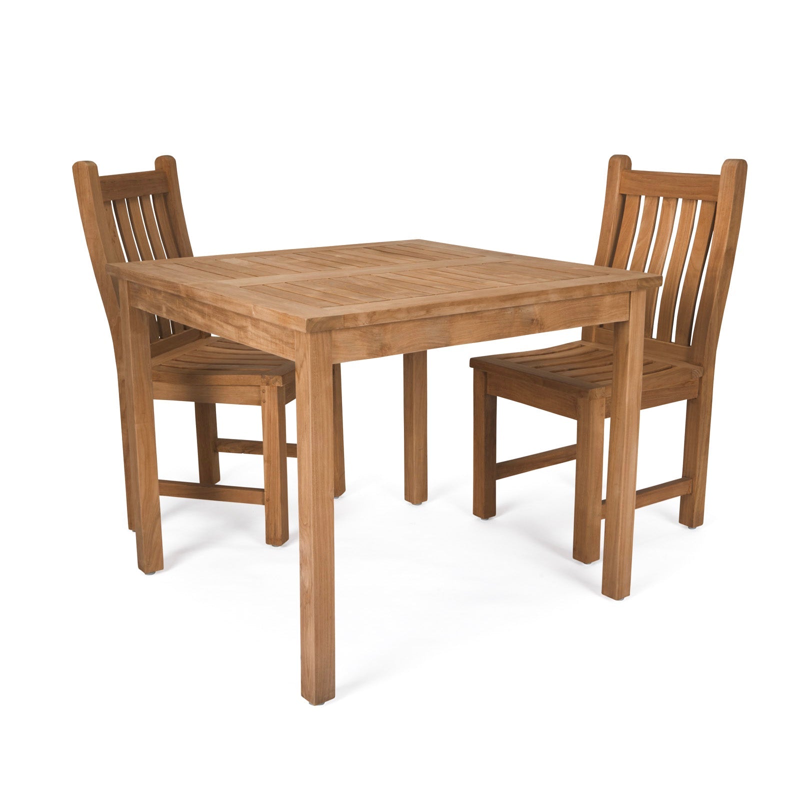 A wooden table is flanked by two matching chairs, arranged neatly, highlighting a simple design. The setting is against a plain white background.