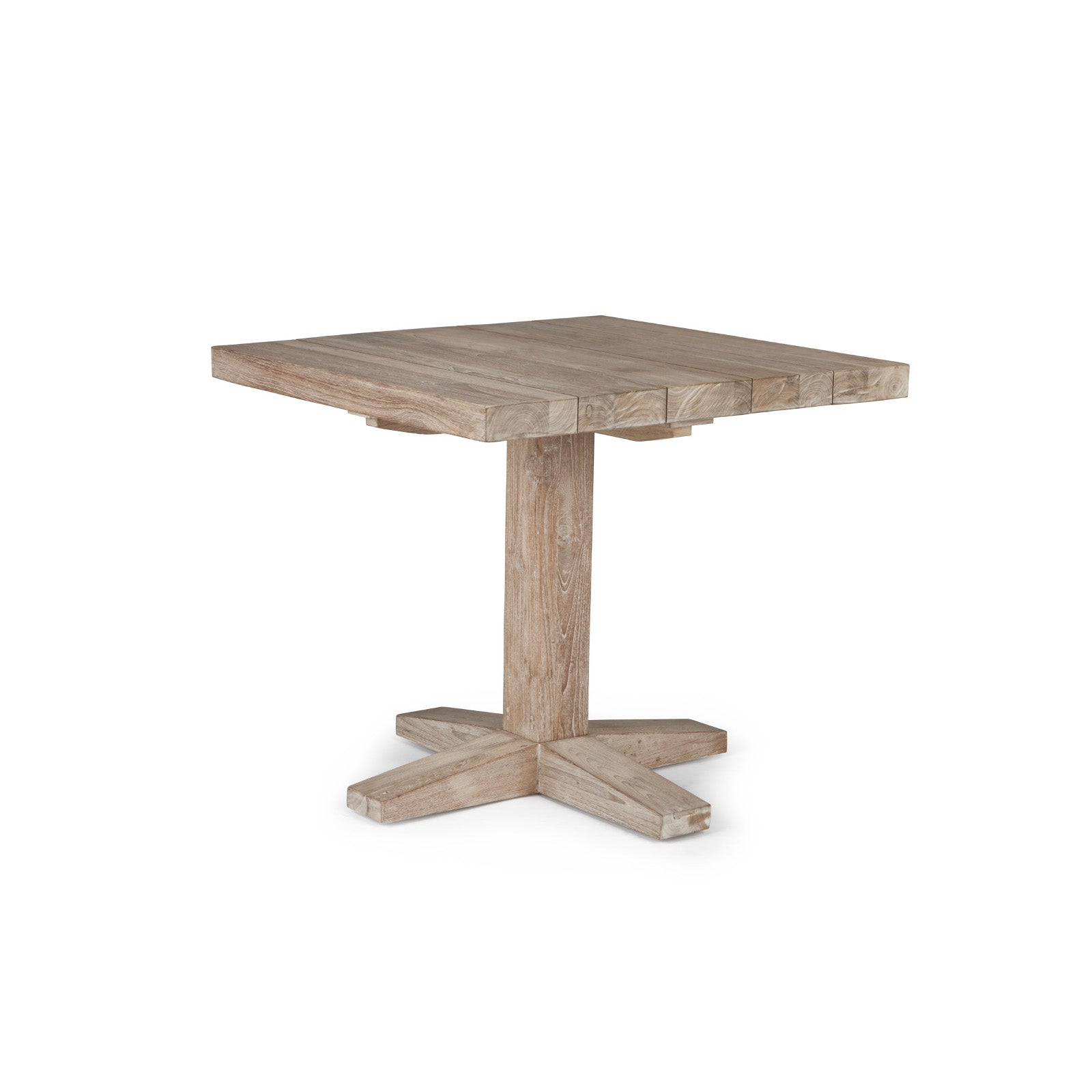 A square wooden table features a thick tabletop and a central pedestal with a four-pointed base, set against a plain white background.