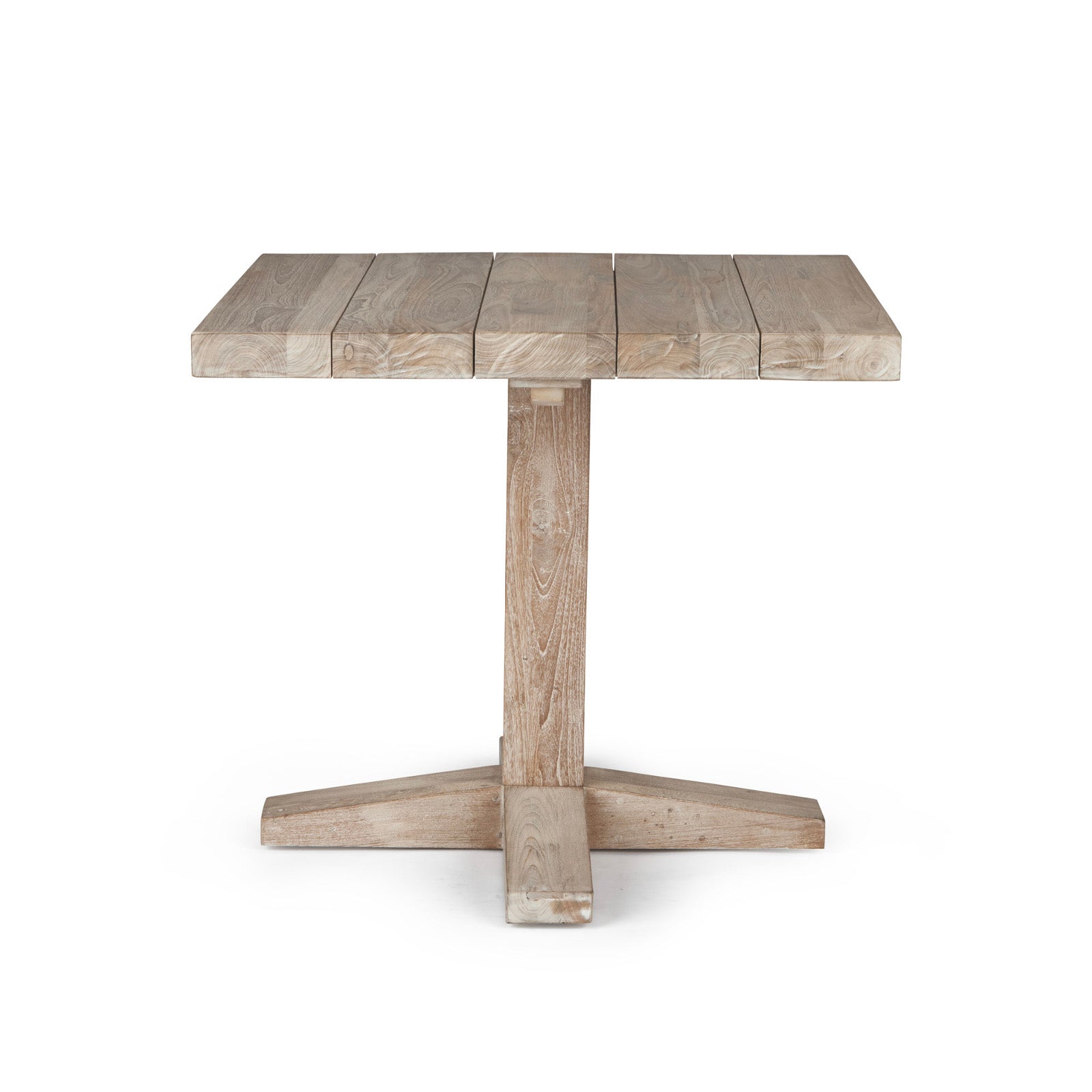 A wooden table with a square top and a single central pedestal base stands on a white background, featuring a natural, rustic finish.