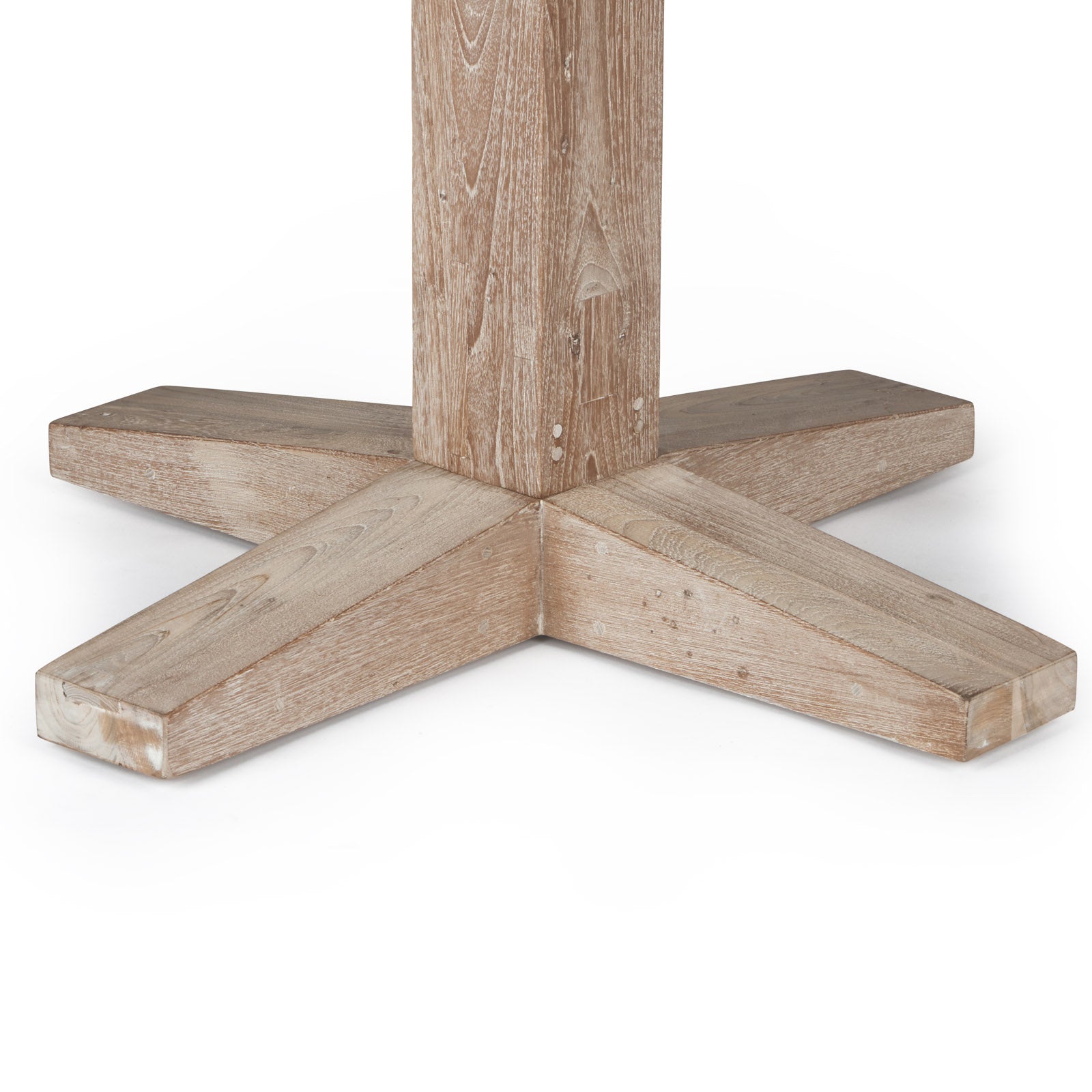 Wooden table base with four angled, rustic legs forming an X shape; viewed against a plain white background.