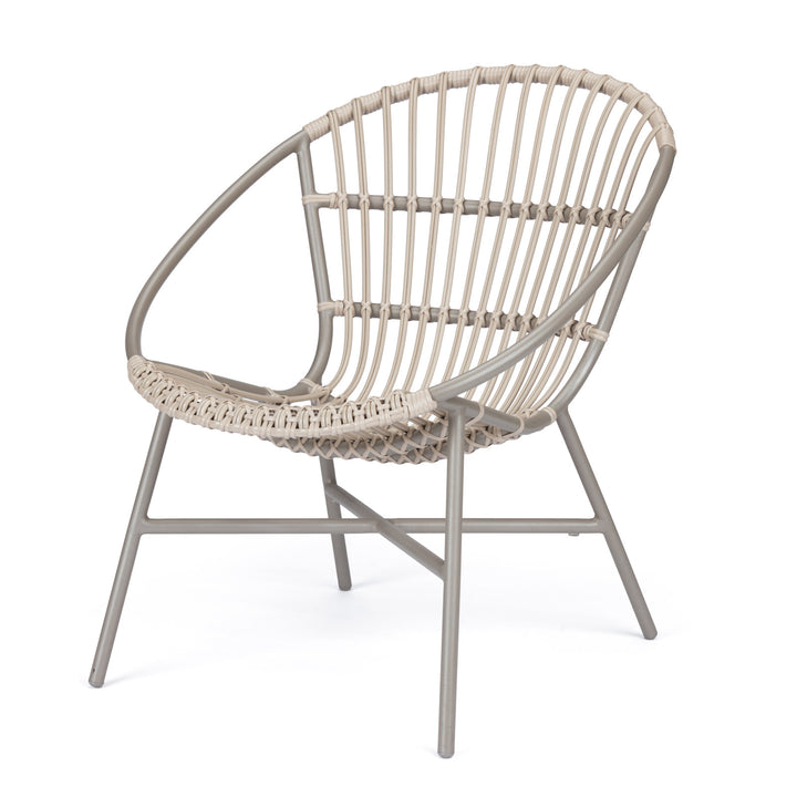 A circular, woven rattan chair with a metal frame sits on a white background, showcasing modern design with openwork sides and slightly angled legs.