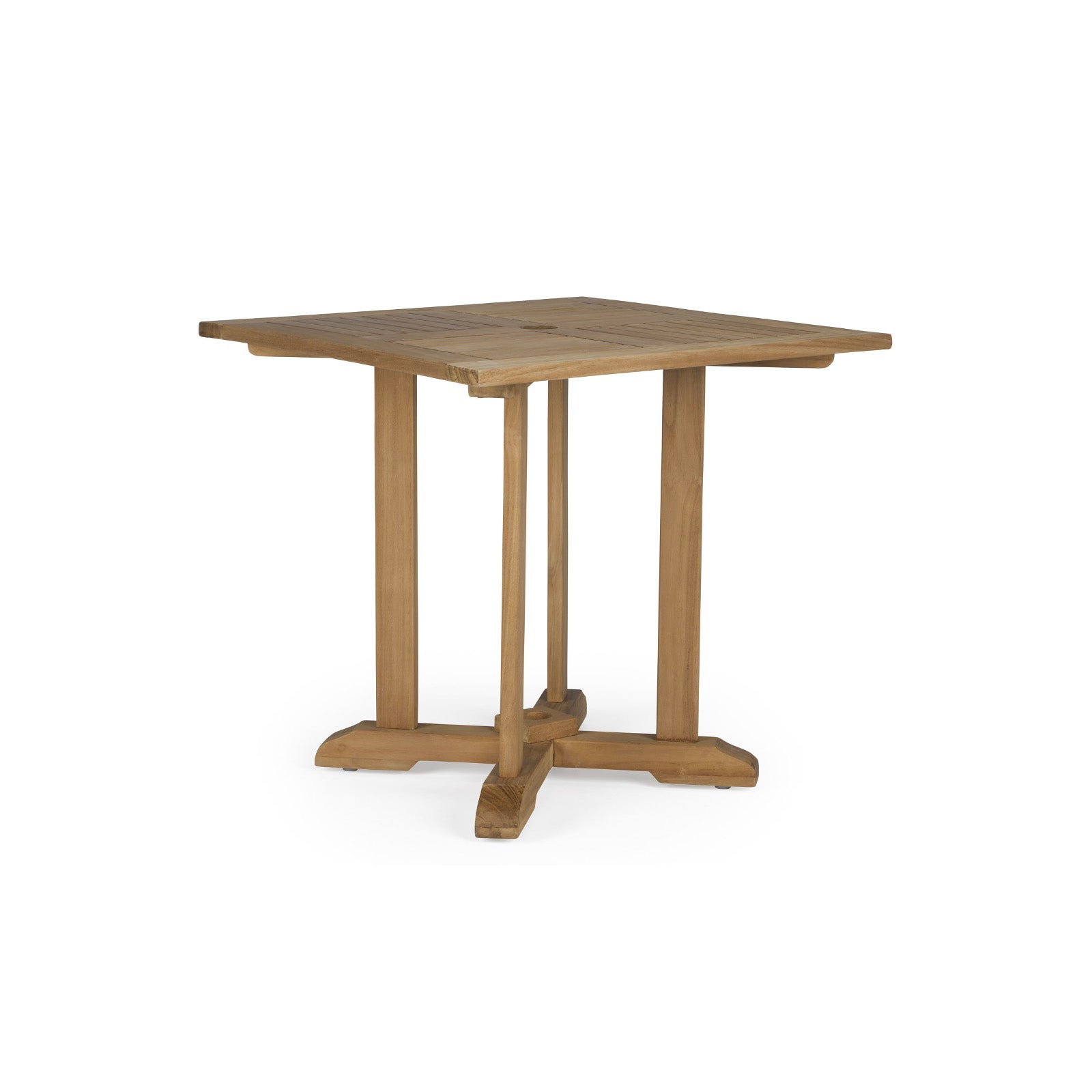 Wooden table with square top, featuring pillar-style legs and cross-brace support, standing on a plain white background.