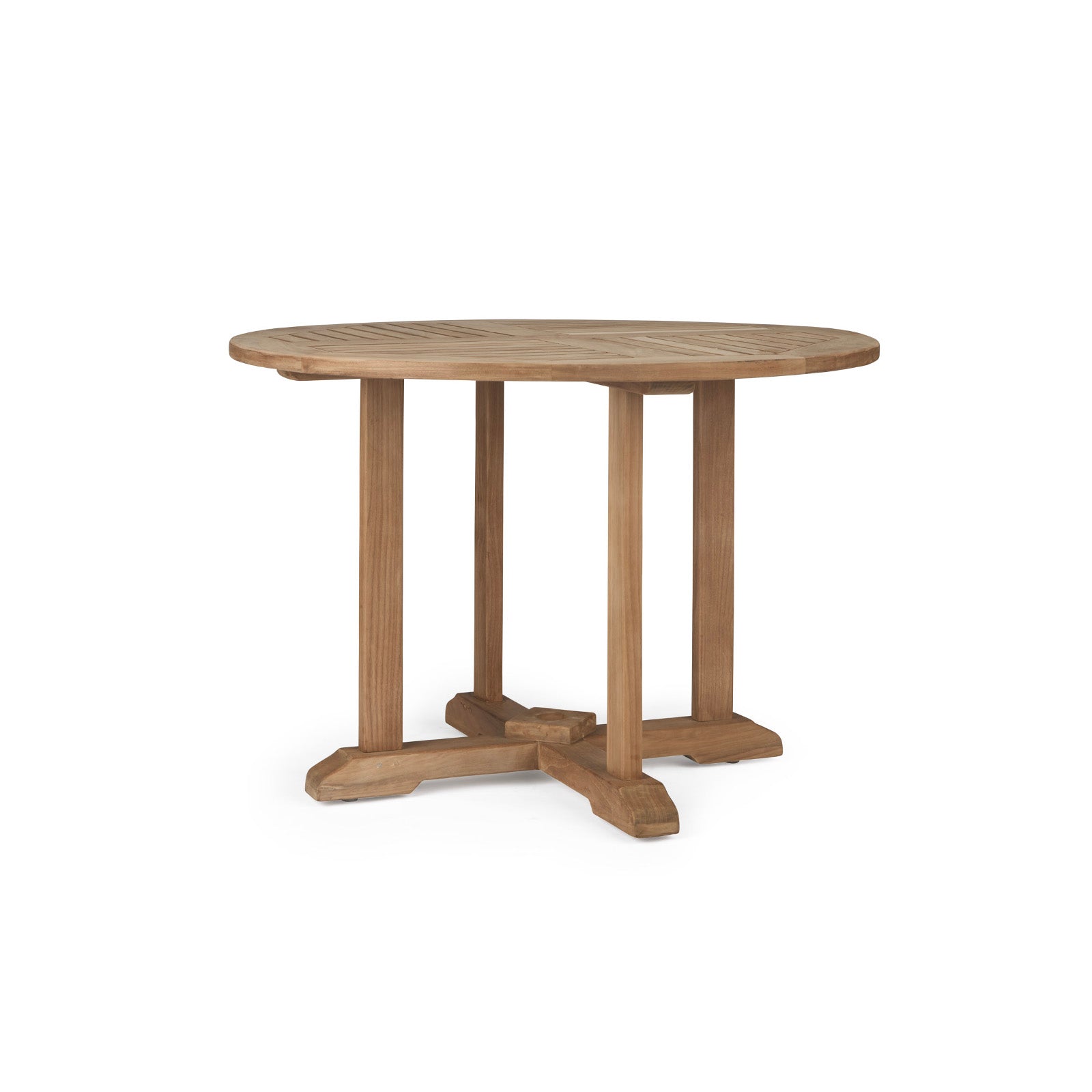 A round wooden table stands on a cross-shaped base with four vertical supports, set against a plain white background.