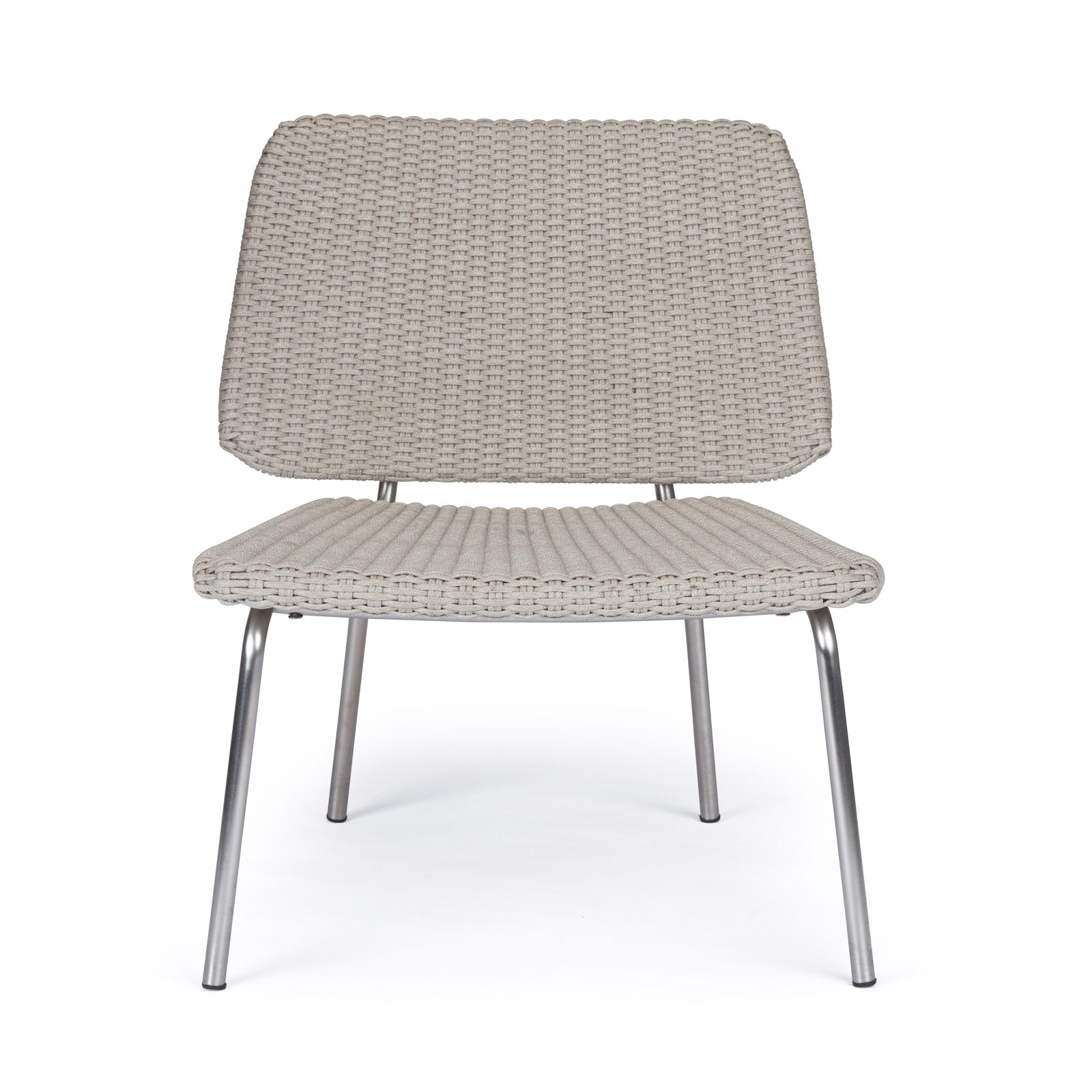 A light grey woven chair with a rectangular backrest and seat sits on four silver metal legs against a plain white background.