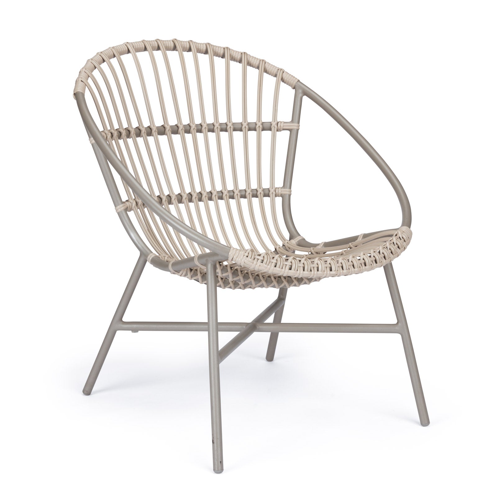 A wicker chair with a round seat and backrest features a woven design on a metal frame, situated against a white background.