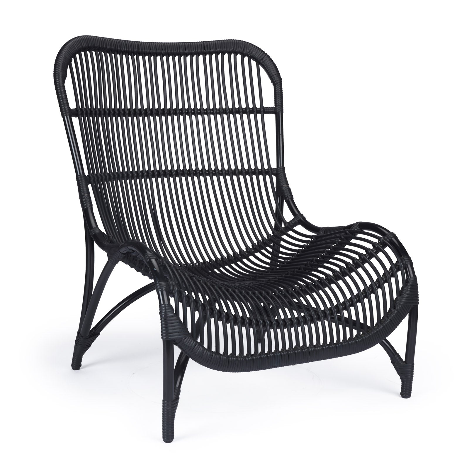 A black wicker chair with a curved back and seat, positioned in a plain, white studio setting.