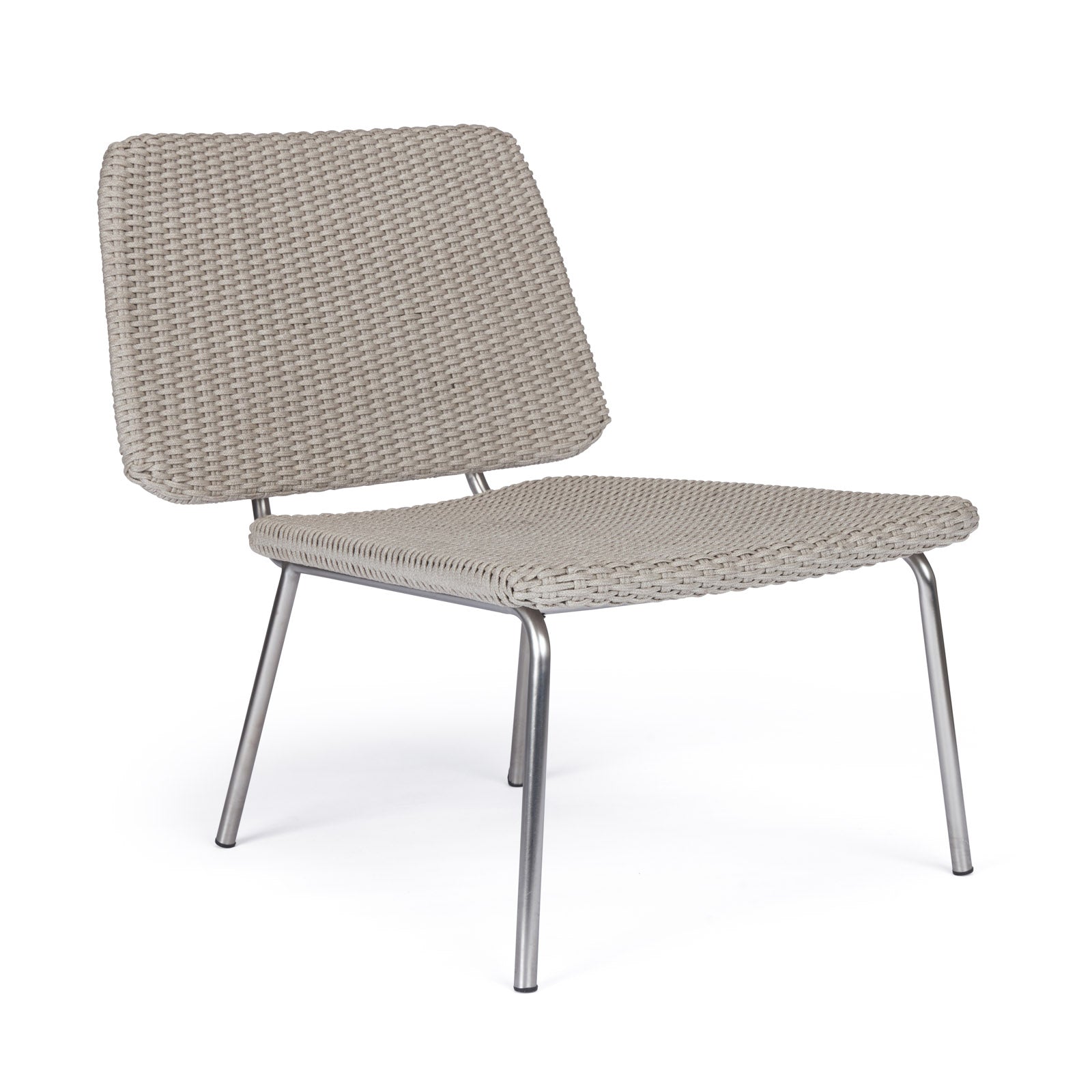 A chair with a woven seat and backrest sits on four metal legs, set against a plain, white background.