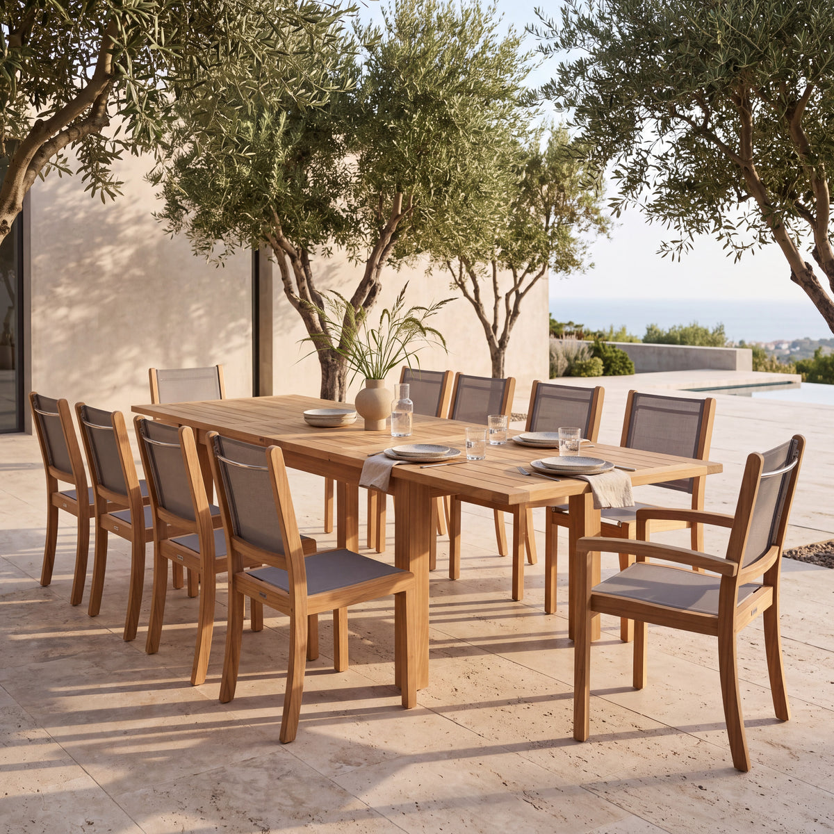 Capri Teak A-Grade Rectangle Extension Dining Table 90-110-129" Set with Santorini Dining Chairs (Taupe)