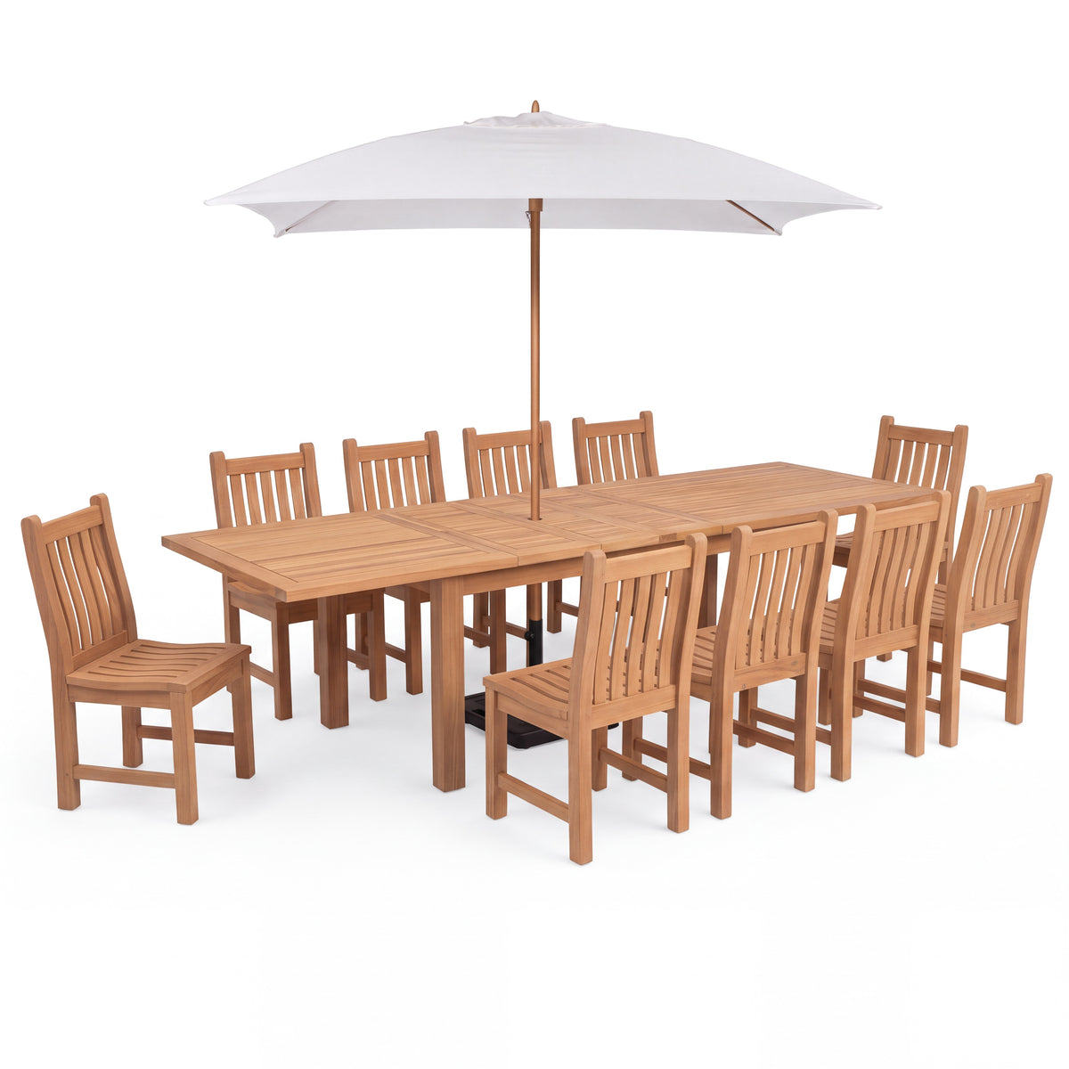 Capri Teak A-Grade Rectangle Extension Teak A-Grade Dining Table Set 90-110-129" with Wave Dining Chairs and Capri Square Umbrella